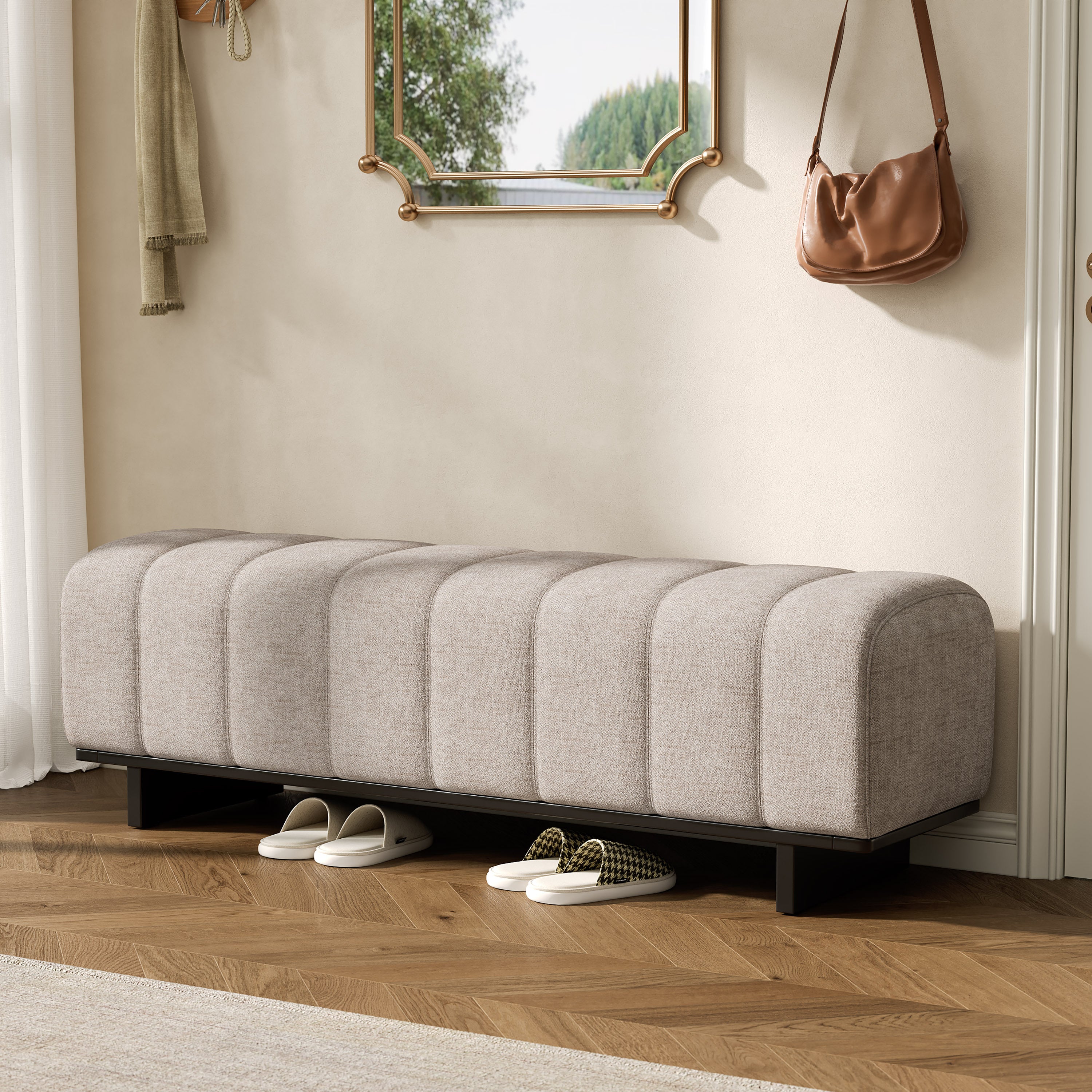 Indoor Dining Bench in Oatmeal Chenille Fabric with Rubber Wood Legs, Comfortable Seating for Dining Room or Living Area - Grand Goldman Shop