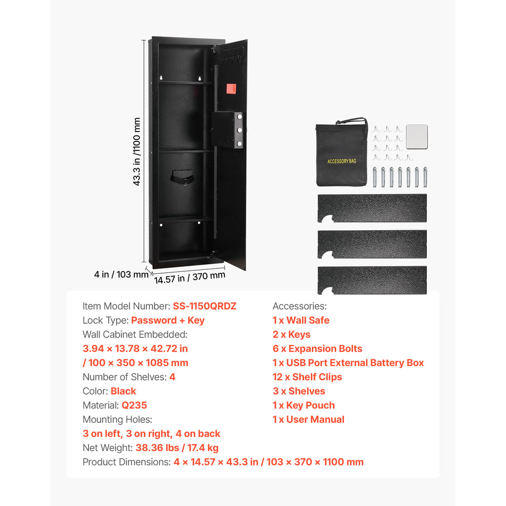 Wall Safe, 4-Tier Hidden Wall Mounted Gun Safe with Password & Key, Q235 Cold-Rolled Steel In-Wall Box with LED Lighting, 3 A