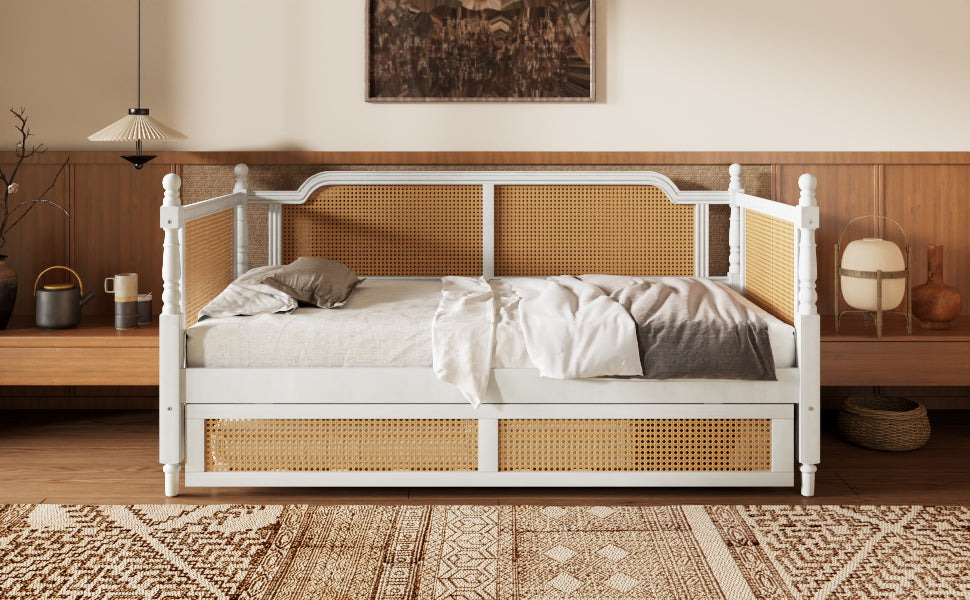 Traditional Style Rattan Twin Size Daybed with 2 Drawers, Antique White, Solid Pine Wood & MDF - Grand Goldman Shop