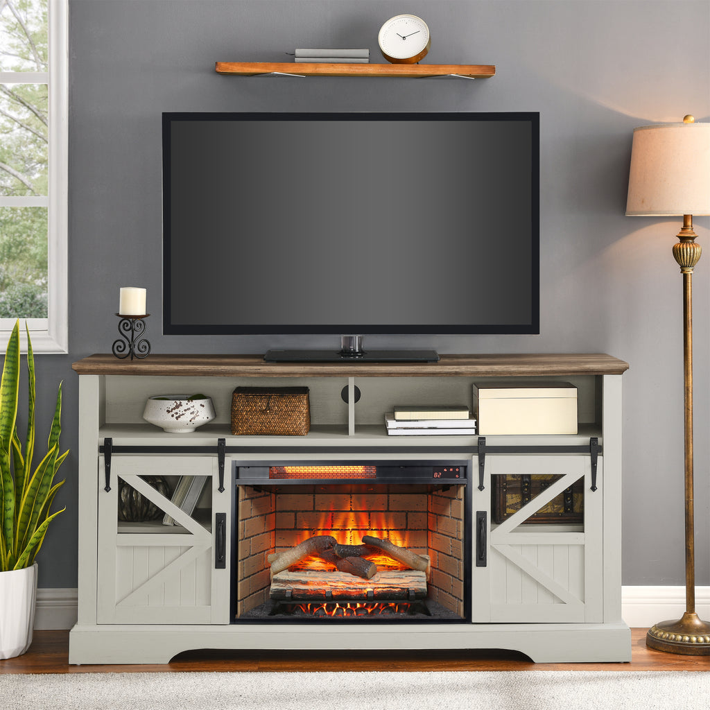 60 Inch Electric Fireplace  Entertainment Center With Door Sensor-Jasmine white color - Grand Goldman Shop