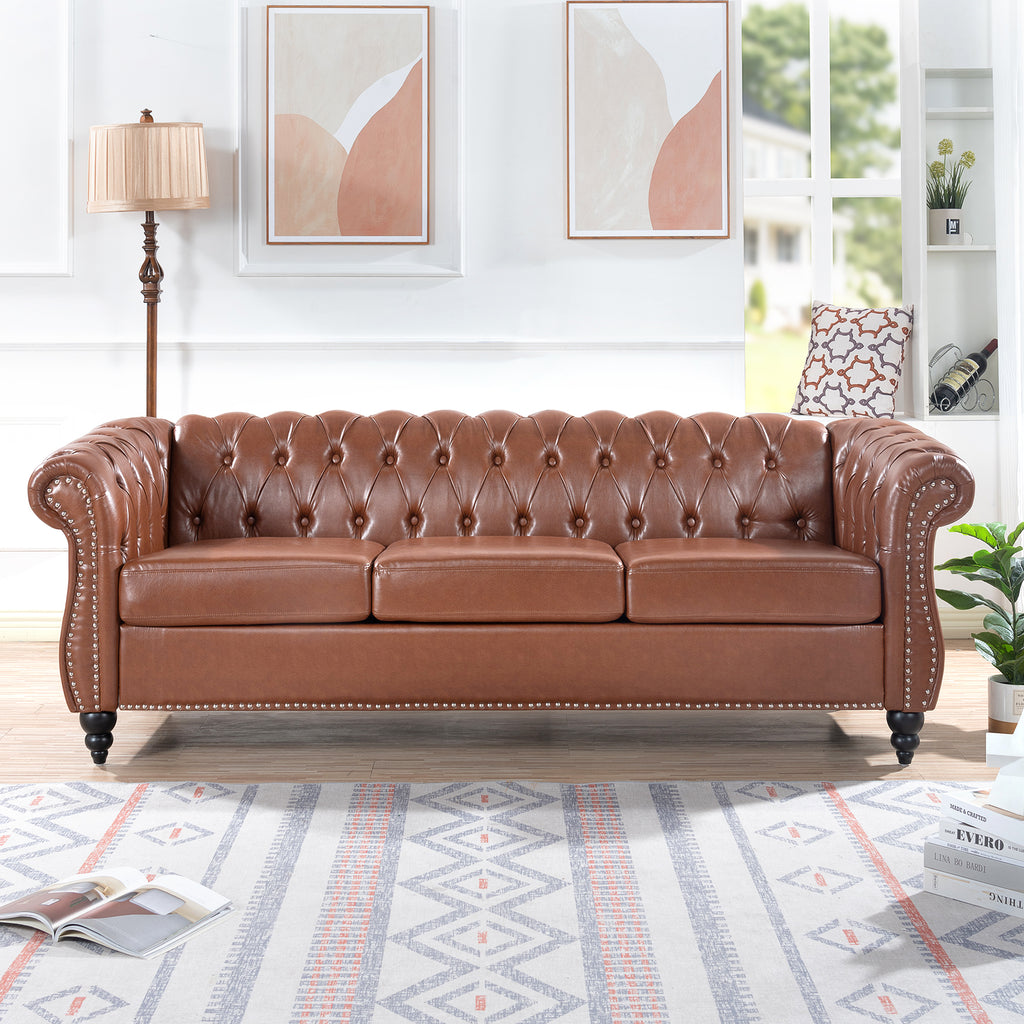 Classic Chesterfield Three Seater Sofa Brown PU Leather with Rolled Arms and Birch Legs 84.65 Inches - Grand Goldman Shop