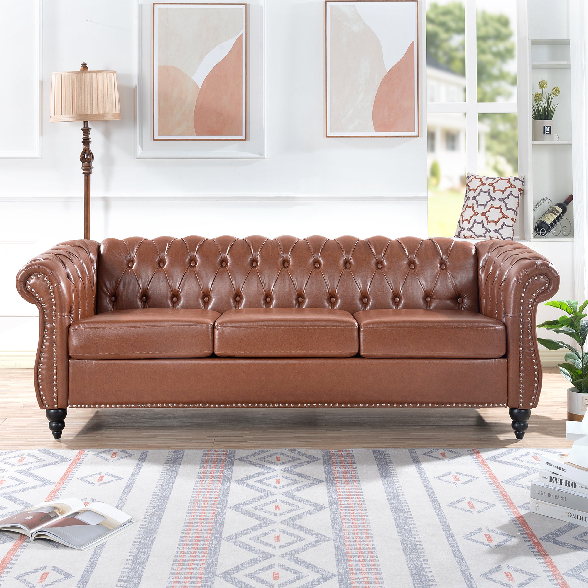 Classic Chesterfield Three Seater Sofa Brown PU Leather with Rolled Arms and Birch Legs 84.65 Inches - Grand Goldman Shop