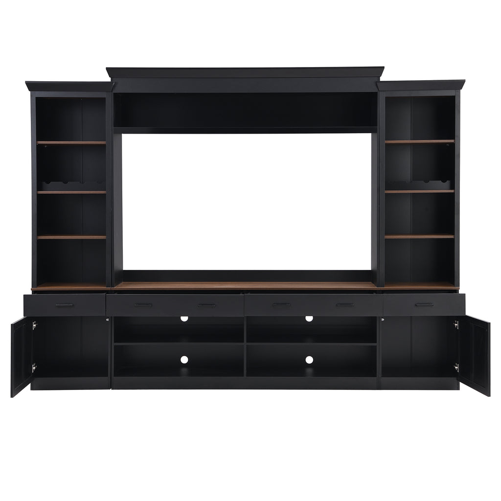 Farmhouse Entertainment Wall Unit with Bookshelf for TVs Up to 70', Walnut TV Stand with Adjustable Shelves, Mid-Century Media Console with Wine Rack for Living Room, Black (NEW SKU: N721S000046B-2) - Grand Goldman Shop