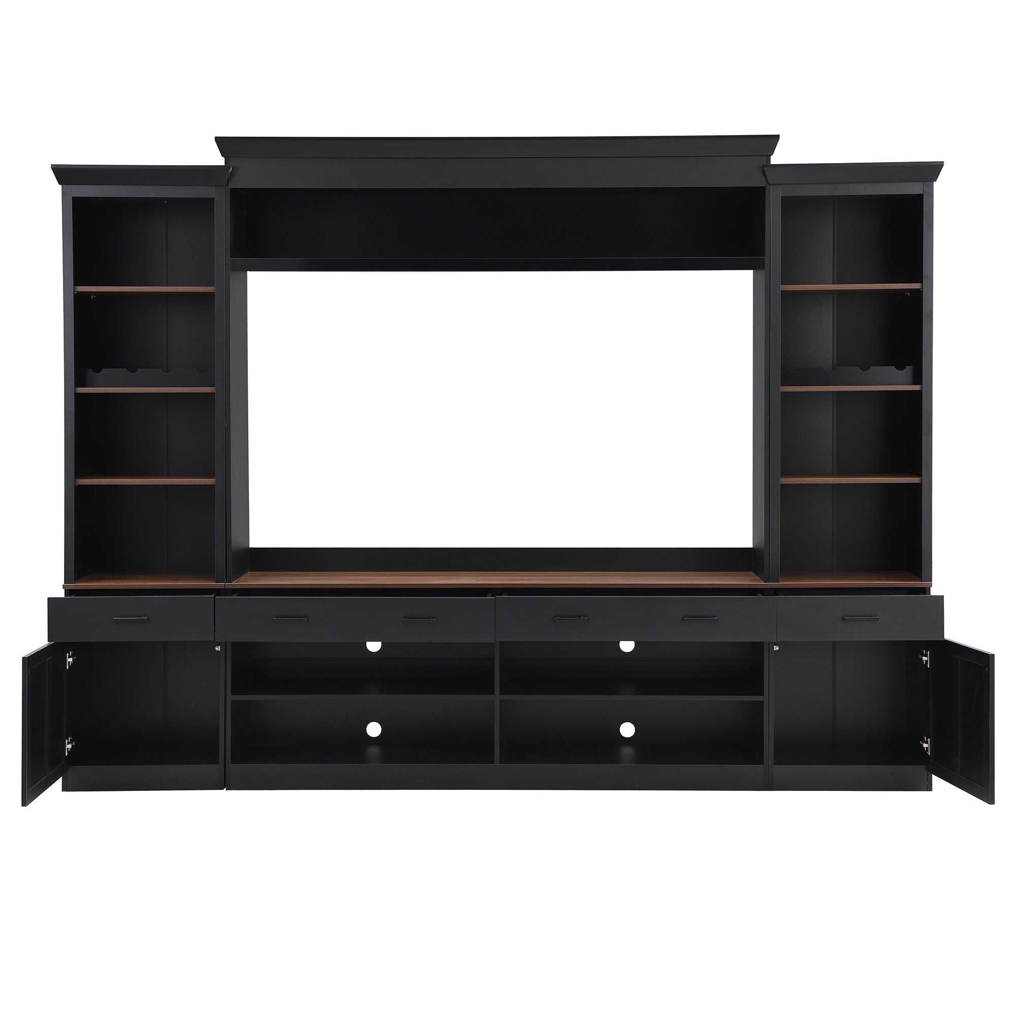 Farmhouse Entertainment Wall Unit with Bookshelf for TVs Up to 70', Walnut TV Stand with Adjustable Shelves, Mid-Century Media Console with Wine Rack for Living Room, Black (NEW SKU: N721S000046B-2) - Grand Goldman Shop