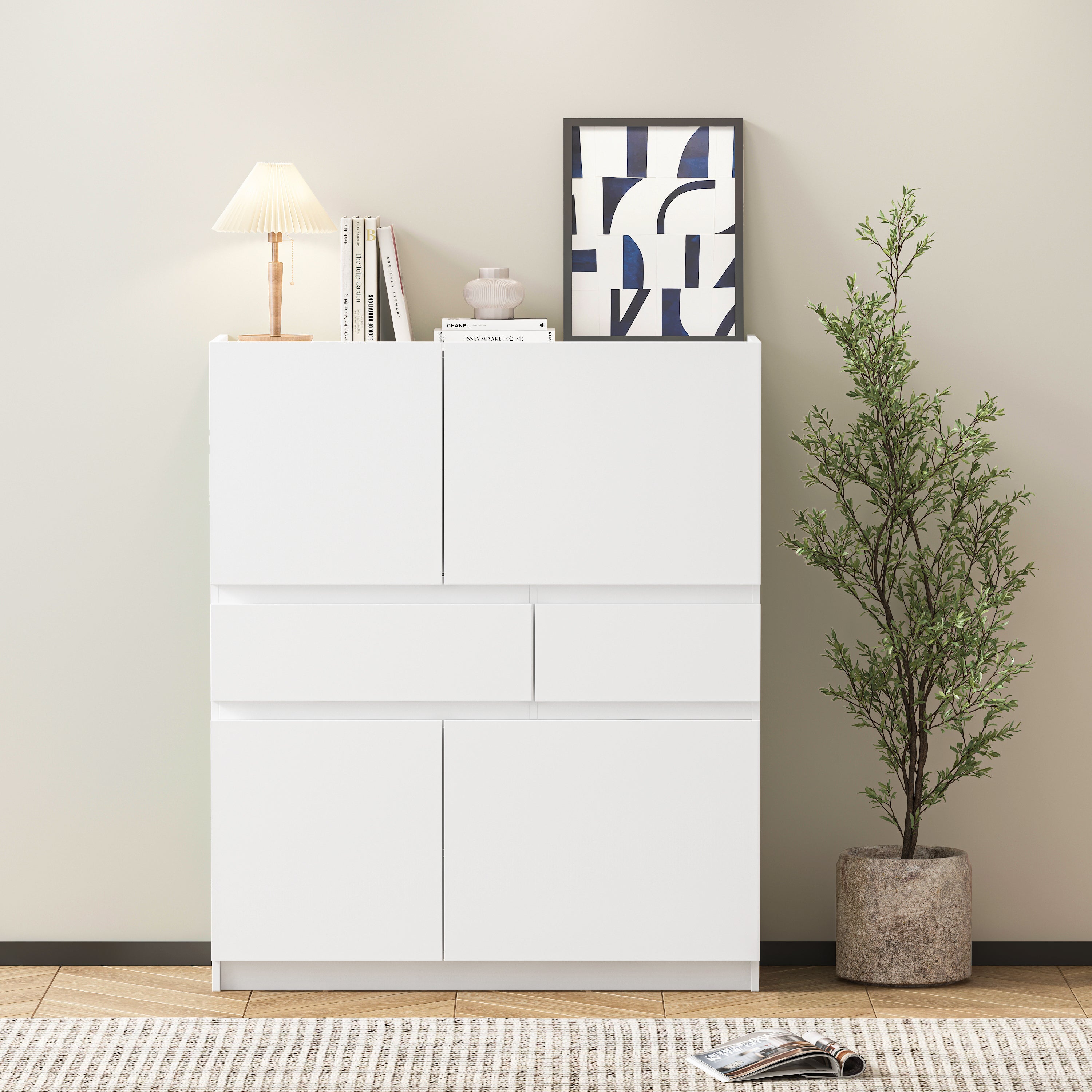 White wooden storage cabinet with 4 doors and 2 drawers - Grand Goldman Shop