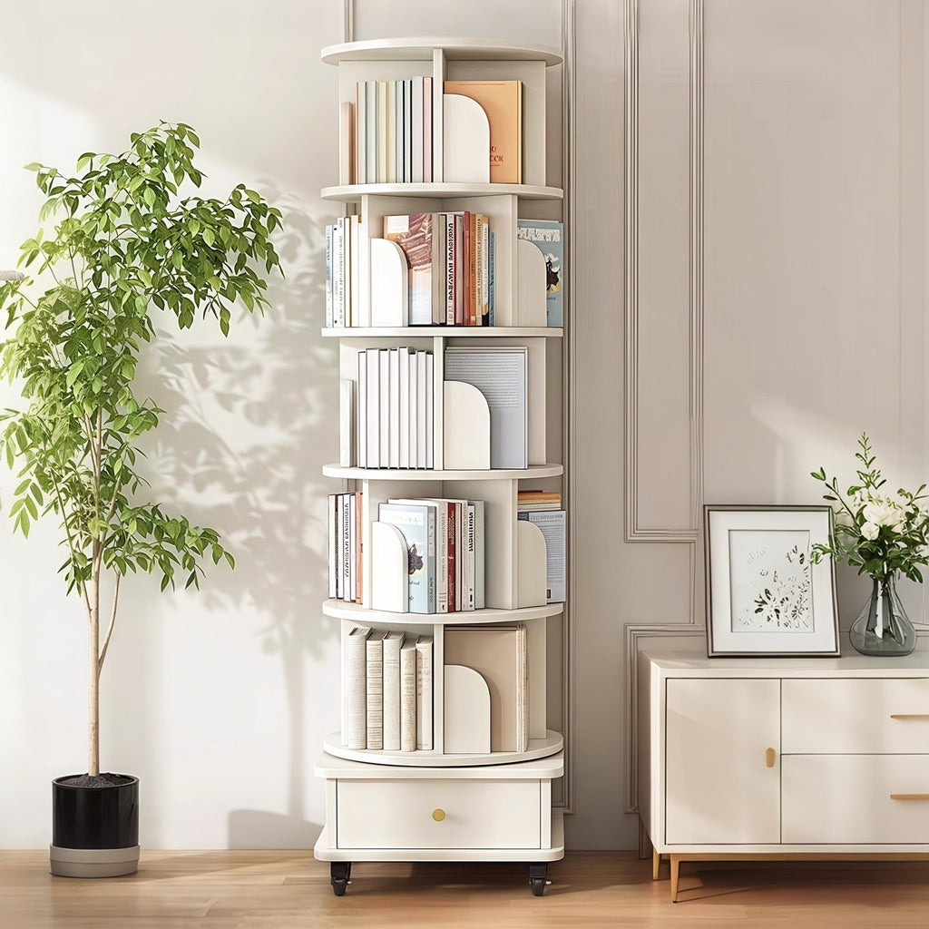 6 Tier Rotating Bookshelf, 360° Display Round Spinning Bookshelf with Wheels and Drawer, Space-Saving, Small Space Rotating Bookshelf Tower for Bedroom, Living Room, Home, Office, Warm White - Grand Goldman Shop