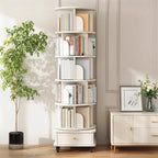 6 Tier Rotating Bookshelf, 360° Display Round Spinning Bookshelf with Wheels and Drawer, Space-Saving, Small Space Rotating Bookshelf Tower for Bedroom, Living Room, Home, Office, Warm White - Grand Goldman Shop