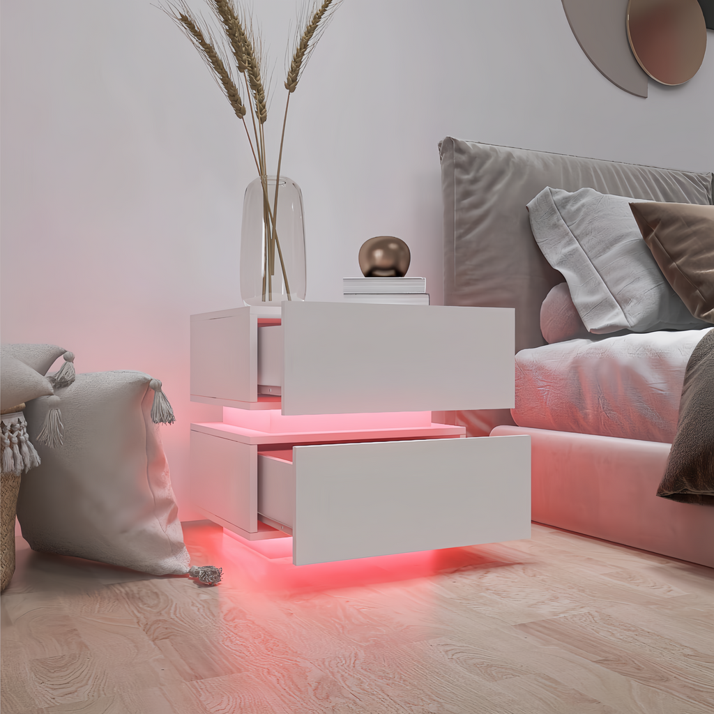 White Color High Glossy 2 Drawers Bedside Table with RGB Led Light Nightstand with Bluetooth Control - Grand Goldman Shop