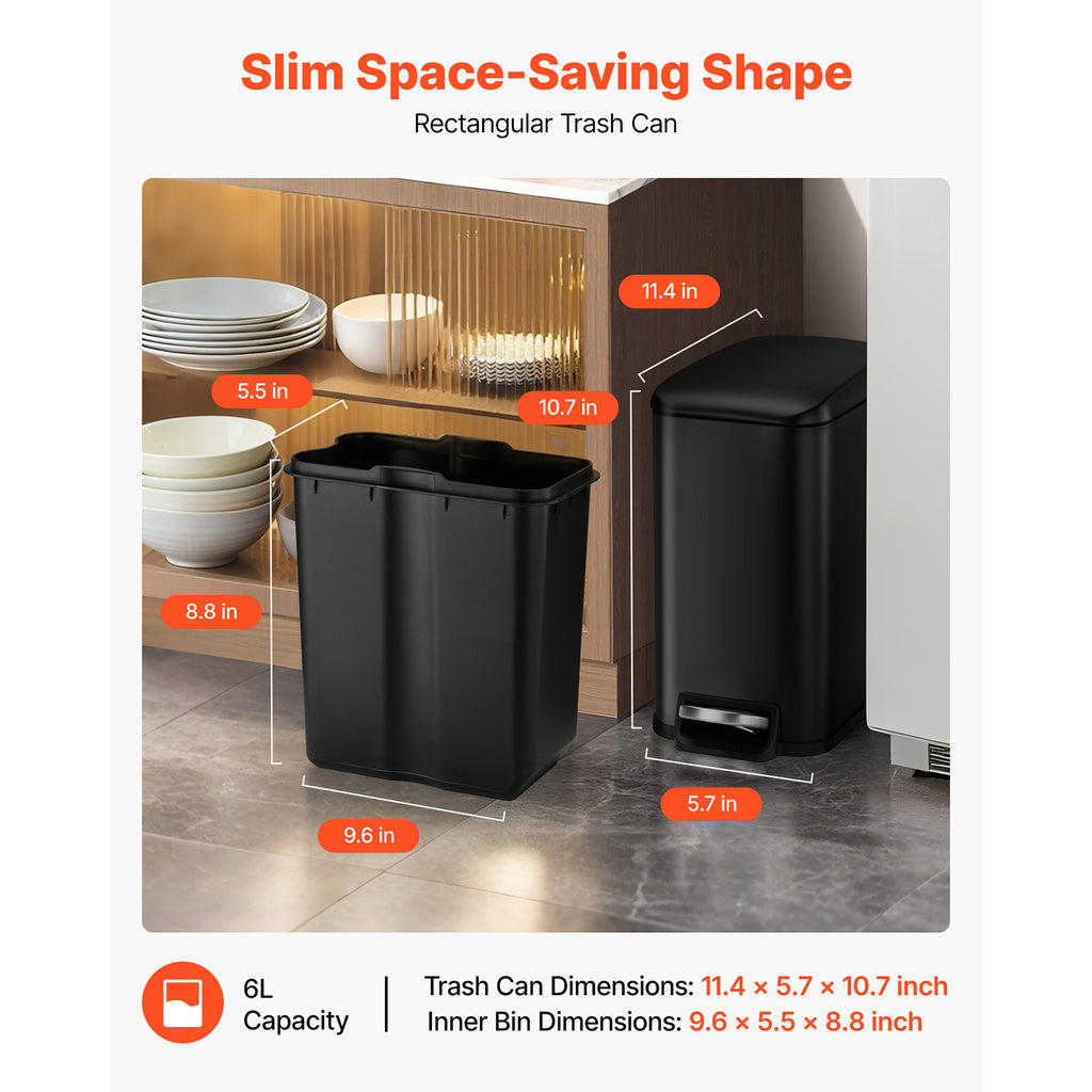Slim Bathroom Trash Can, 11.4 x 5.71 x 10.7 Inch Small Bedroom Trashcan with Step Pedal & Soft Close Lid, 6L Steel Garbage Can with Detachable Inner Bin, for Kitchen, Home, Dorm, Office, Black - Grand Goldman Shop