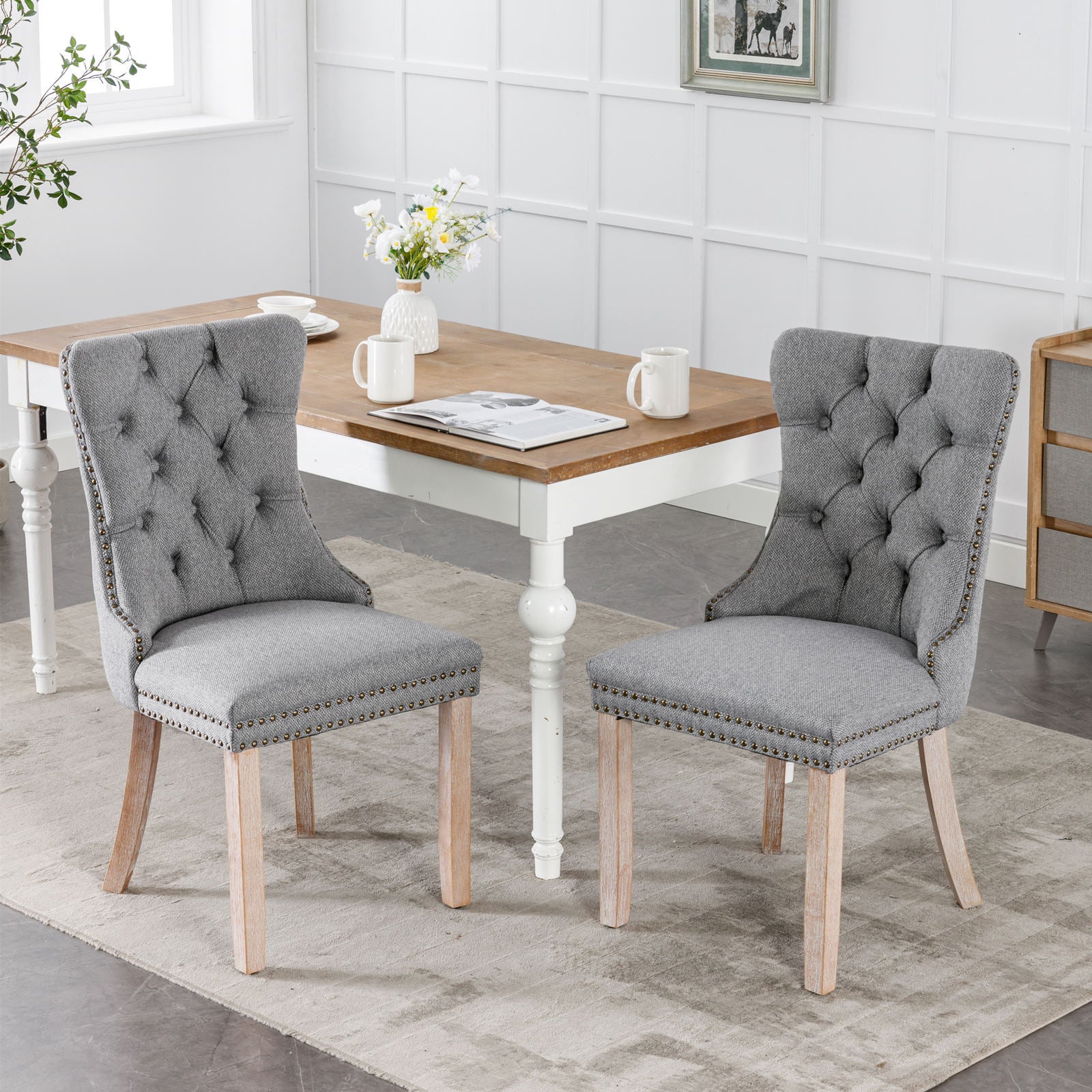 Nikki Collection Modern, High-end Tufted Solid Wood Contemporary Flax Upholstered Linen Dining Chair with Wood Legs Nailhead Trim 2-Pcs Set,Gray, SW6801GY - Grand Goldman Shop