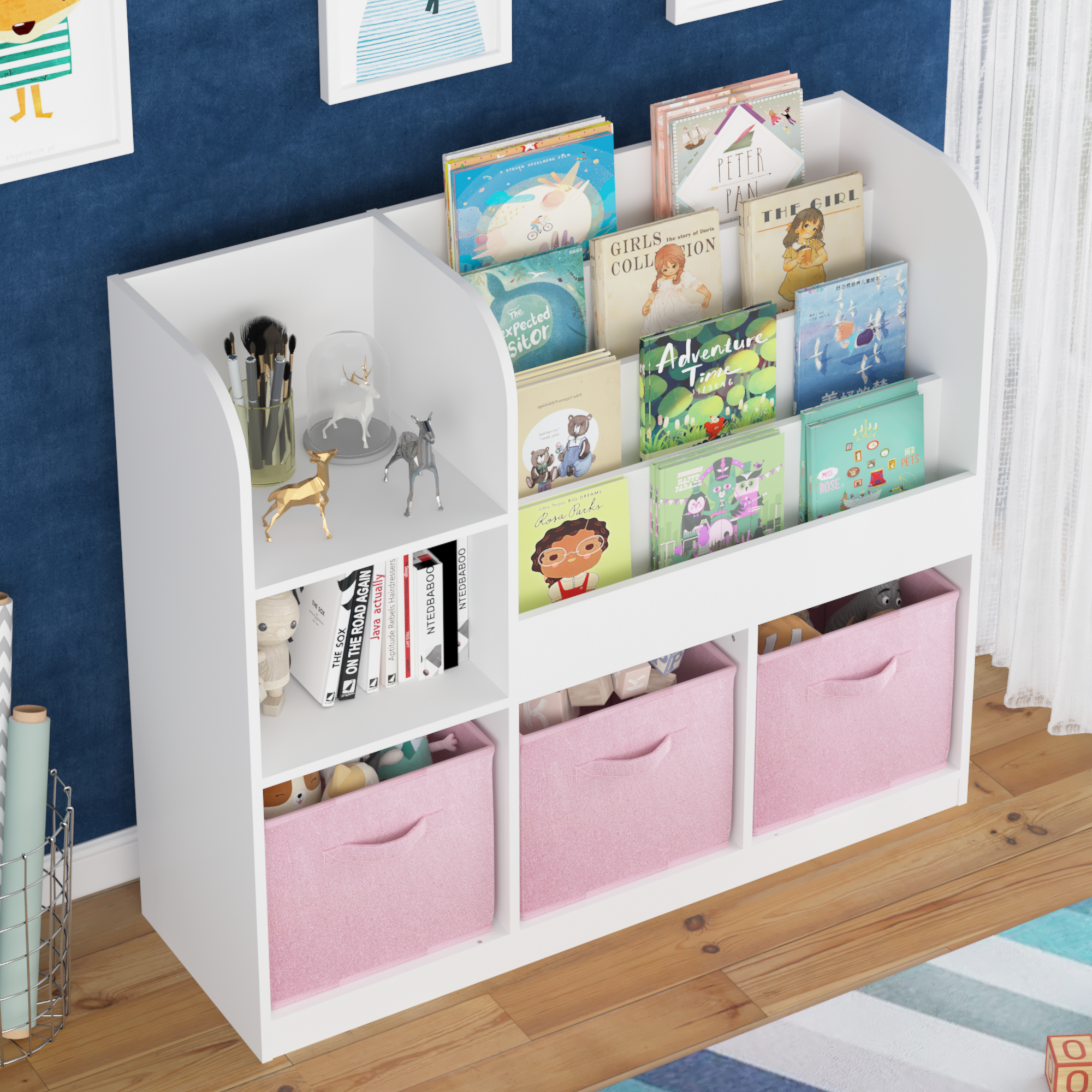 Kids Bookcase and Bookshelf with 3 Collapsible Fabric Drawers, Multifunctional White/Pink Display Stand for Bedroom, Playroom