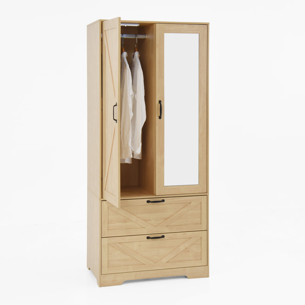 2 Door Wood Wardrobe for Bedroom with Hanging Clothing Rod inside the Cabinet and 2 Drawers for Storage Organization, Built-in induction light Multifunctional Closet with Mirror, Natural - Grand Goldman Shop