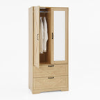 2 Door Wood Wardrobe for Bedroom with Hanging Clothing Rod inside the Cabinet and 2 Drawers for Storage Organization, Built-in induction light Multifunctional Closet with Mirror, Natural - Grand Goldman Shop