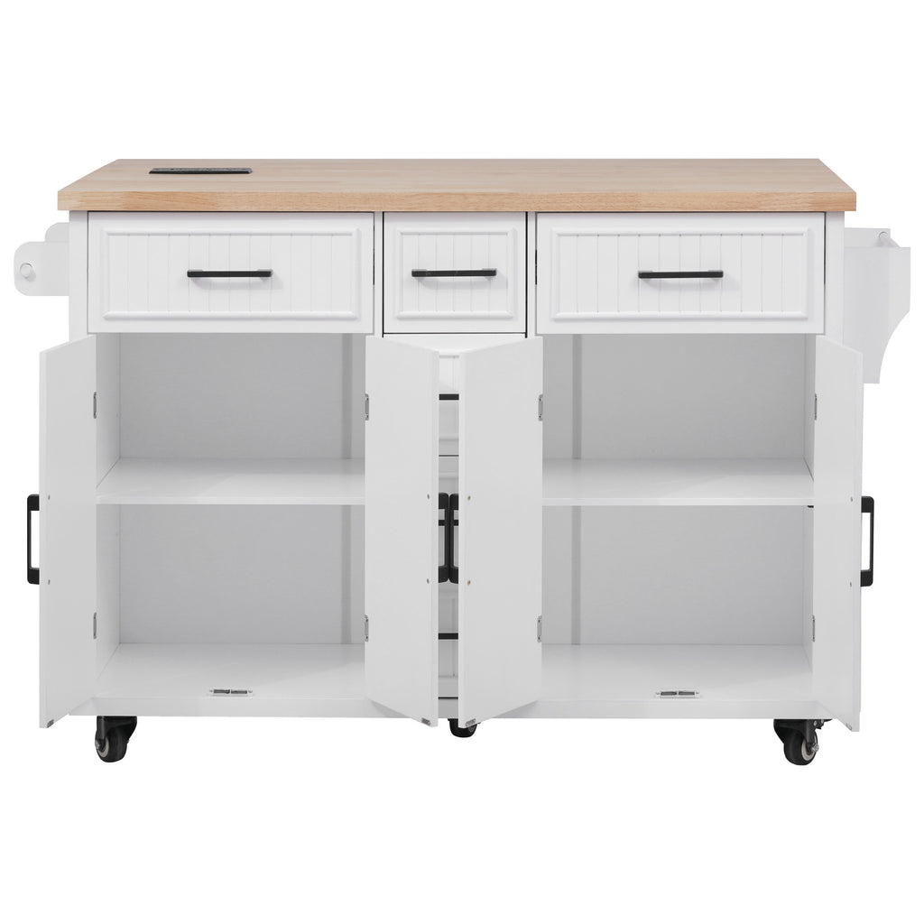 K&K 56.5'' Kitchen Island with Drop Leaf, Power Outlet, Embossed Vertical Stripe Rolling Kitchen Cart on Wheels with 4 Doors , 5 Deep Drawers and Adjustable Shelves, for Kitchen, Dining Room, White - Grand Goldman Shop