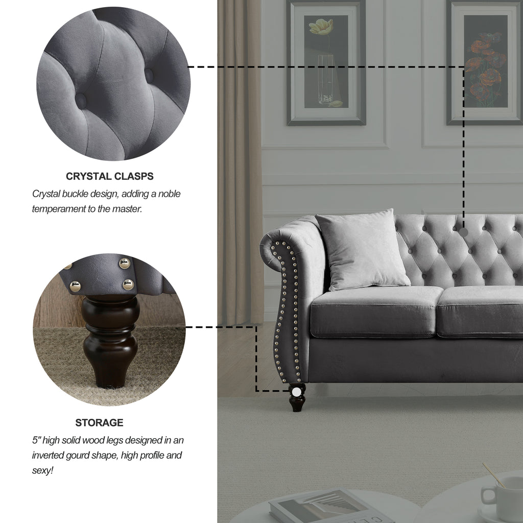 Grey Velvet 3-Seater Chesterfield Sofa with Rolled Arms and Nailhead Trim, Tufted Couch for Living Room, Bedroom, Office, Apartment, Includes Two Pillows - Grand Goldman Shop