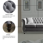 Grey Velvet 3-Seater Chesterfield Sofa with Rolled Arms and Nailhead Trim, Tufted Couch for Living Room, Bedroom, Office, Apartment, Includes Two Pillows - Grand Goldman Shop