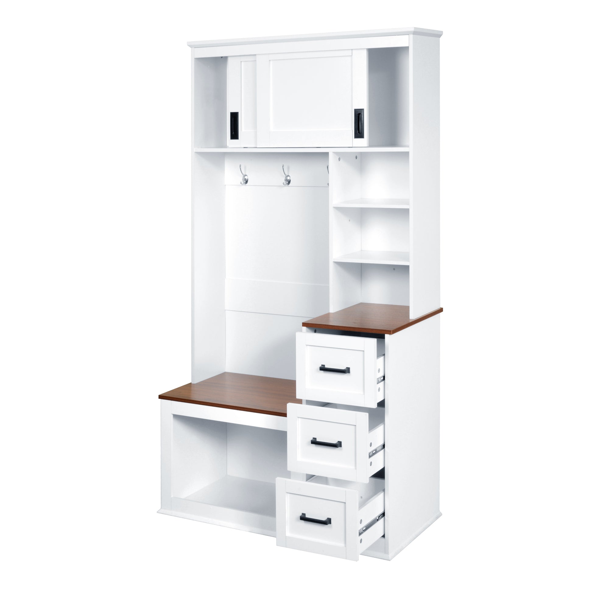 U-Can Modern Entryway Bench with Coat Rack, 3 Shelves and Drawers, 3 Sturdy Hooks, 40.2'' Wide Hall Tree with Storage Bench for Hallway, Entryway, Living Room - Grand Goldman Shop