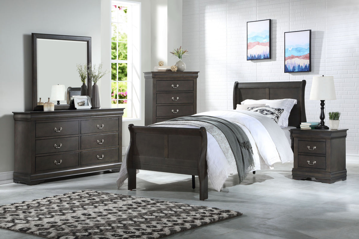 Louis Philippe Dark Gray Finish 4 PCS Bedroom Set (E. King) - Grand Goldman Shop