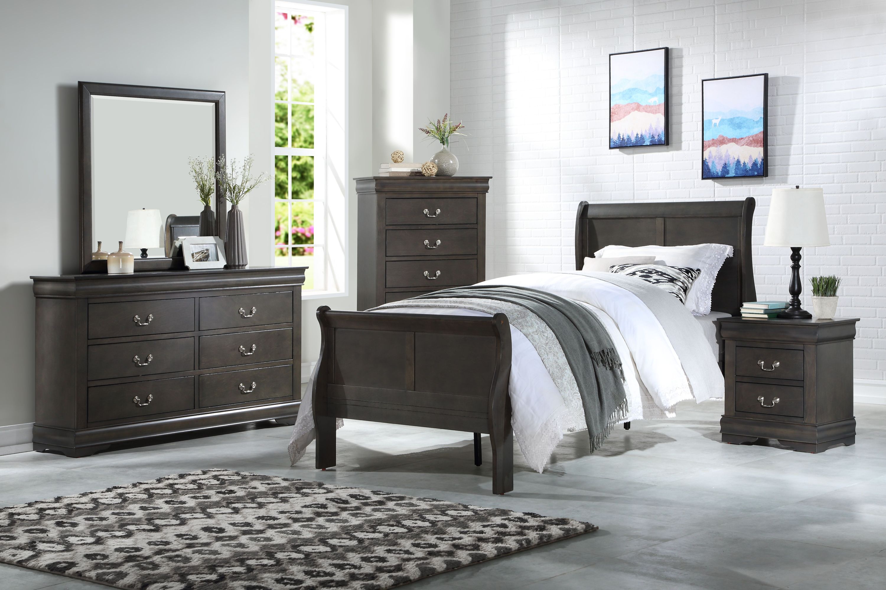 Louis Philippe Dark Gray Finish 4 PCS Bedroom Set (E. King) - Grand Goldman Shop