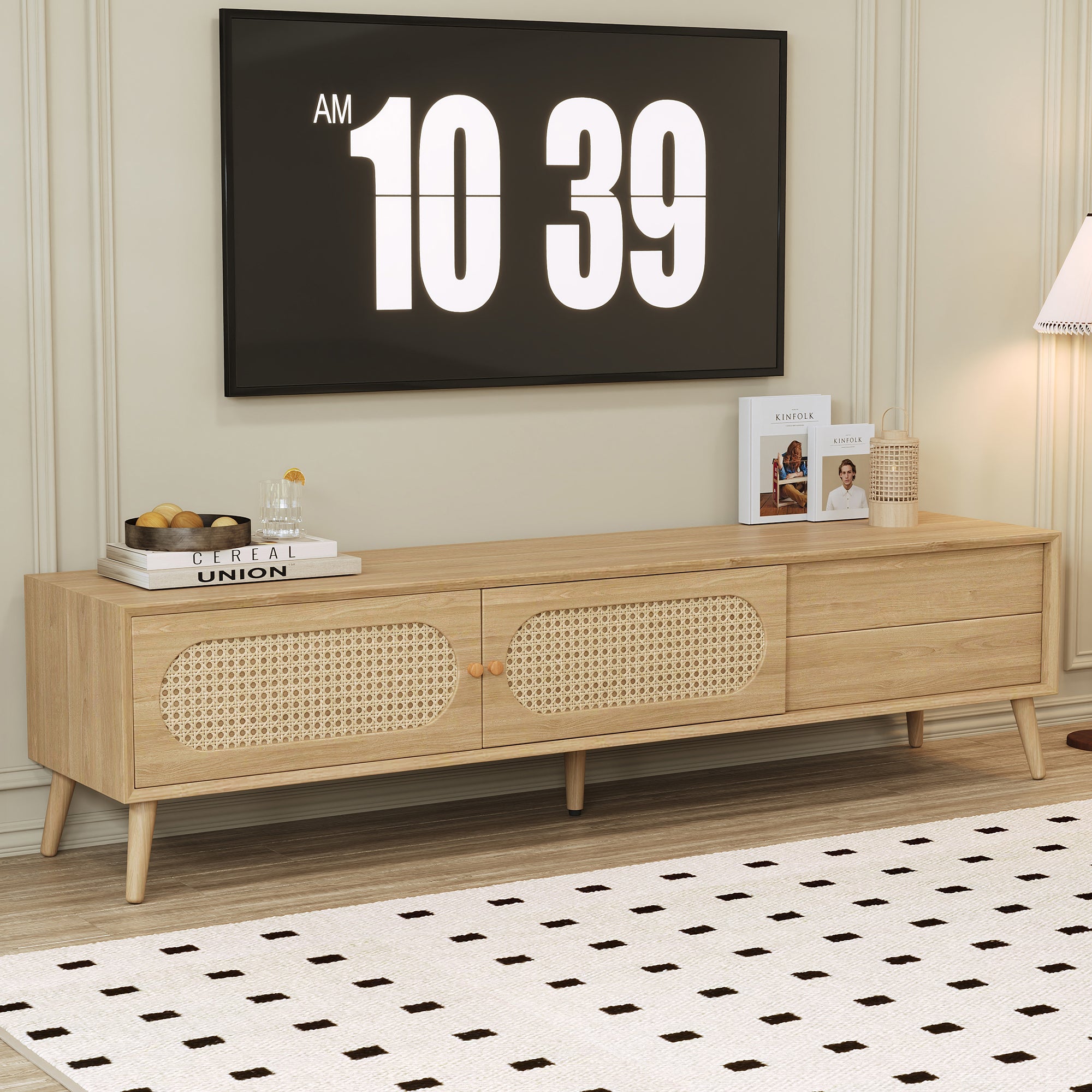 Boho TV Stand for TVs up to 80'', Modern Farmhouse Media Console with Solid Wood Legs, Natural Wood Finish, MDF Cabinet, 70.8''L x 15.7''W x 17.7''H - Grand Goldman Shop