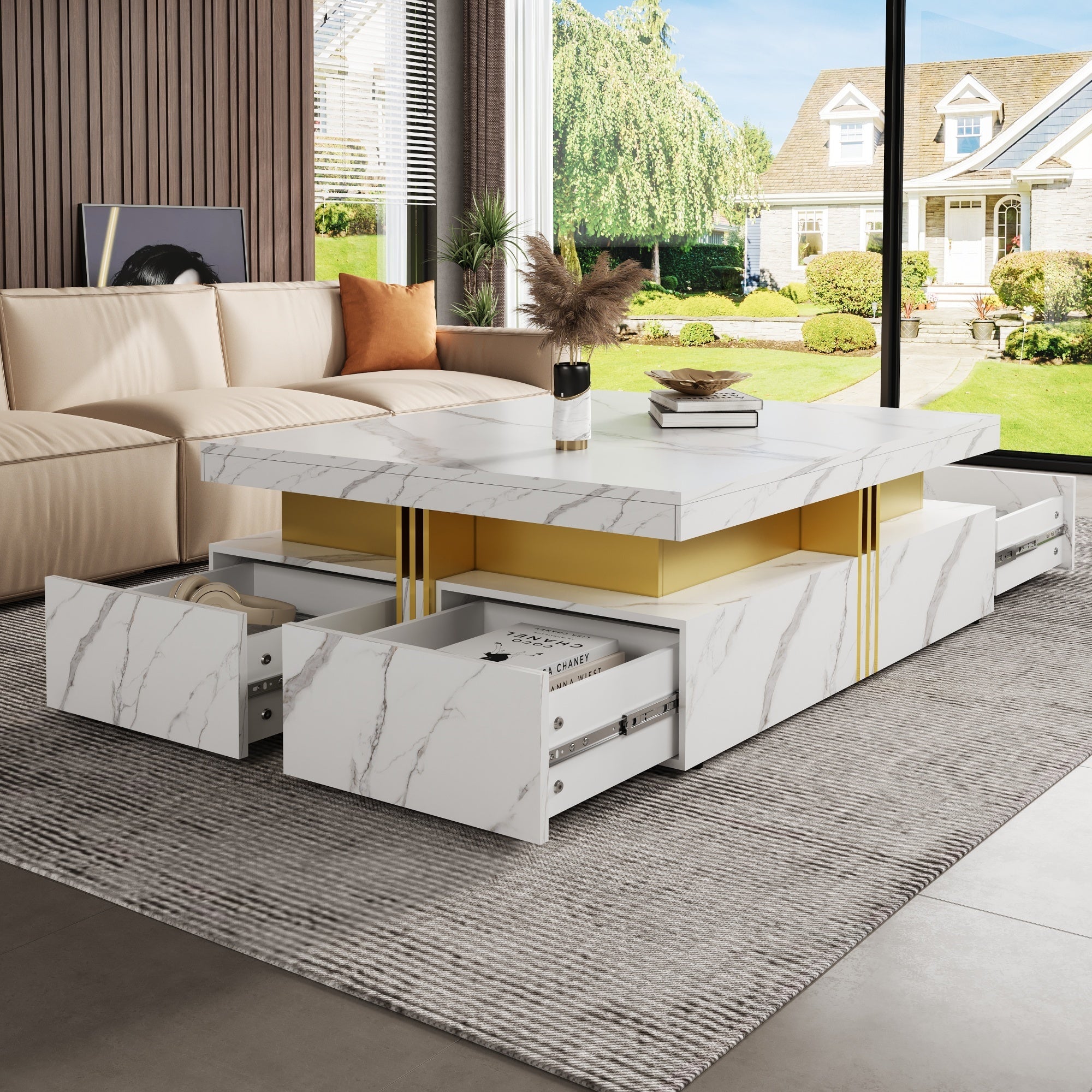 Modern White Square Storage Coffee Table with 4 Drawers - Grand Goldman Shop