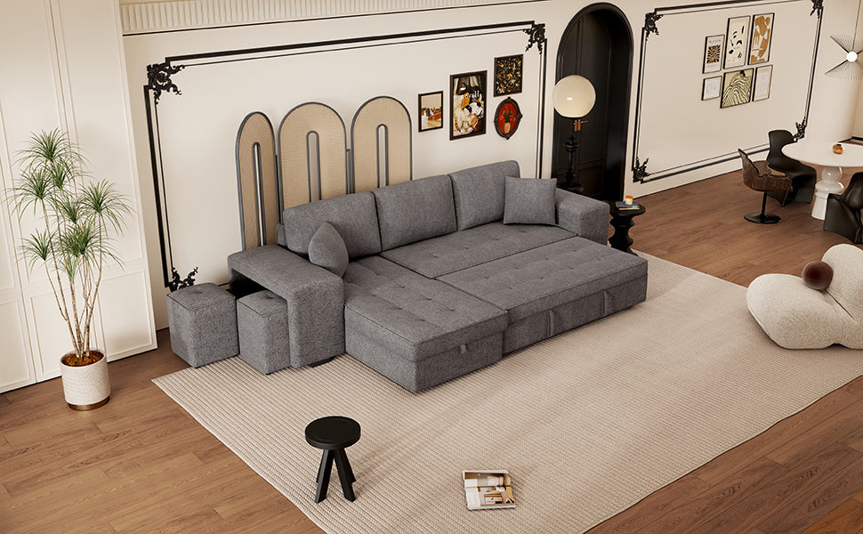 104.5' Modern L-Shape 3 Seat Reversible Sectional Couch, Pull Out Sleeper Sofa with Storage Chaise and 2 Stools for Living Room Furniture Set,Knox Charcoal (old sku:SG000431AAA) - Grand Goldman Shop