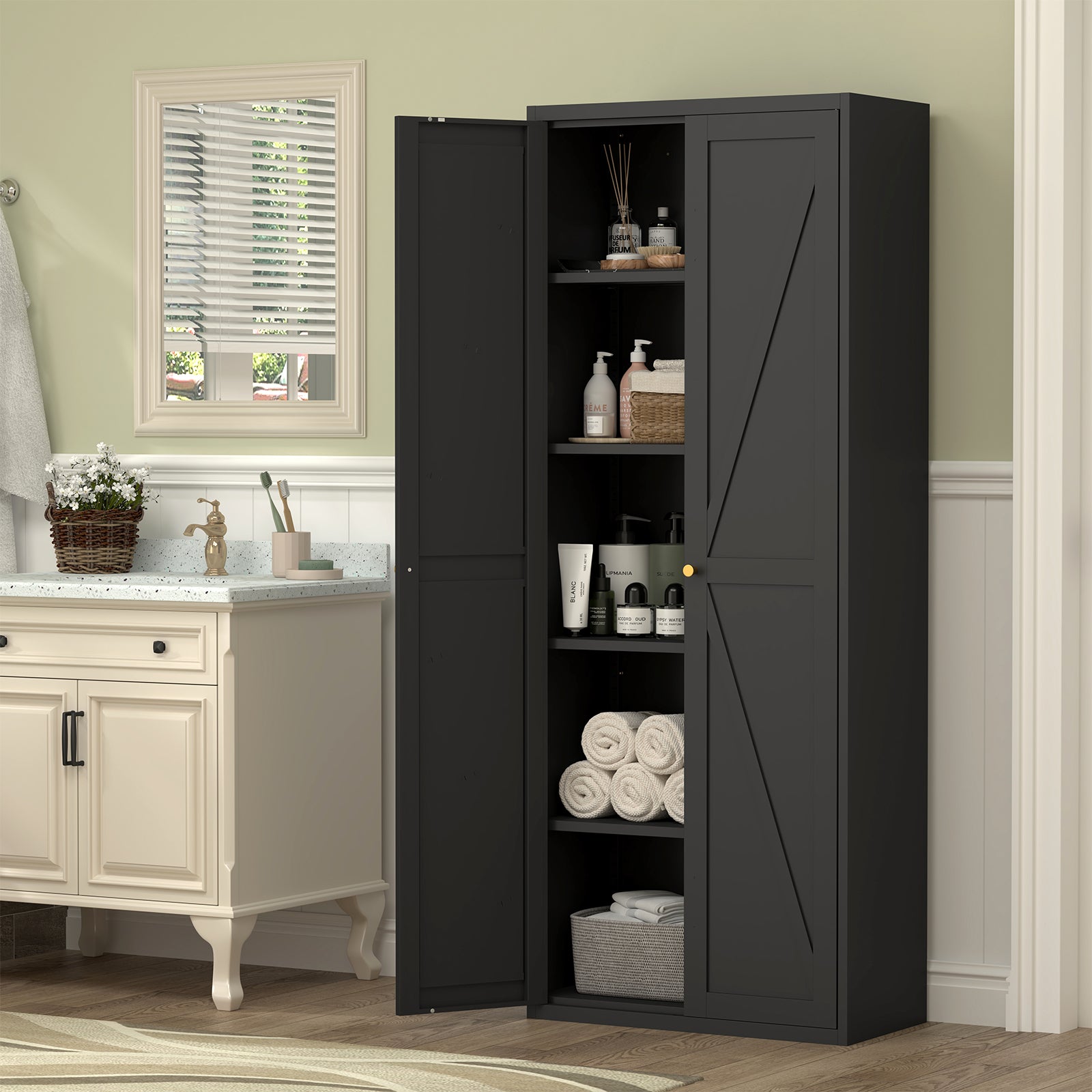 Black Metal Kitchen Pantry Cabinet with Adjustable Shelves and Gold Handles, Tall Steel Storage Locker for Kitchen, Living Ro