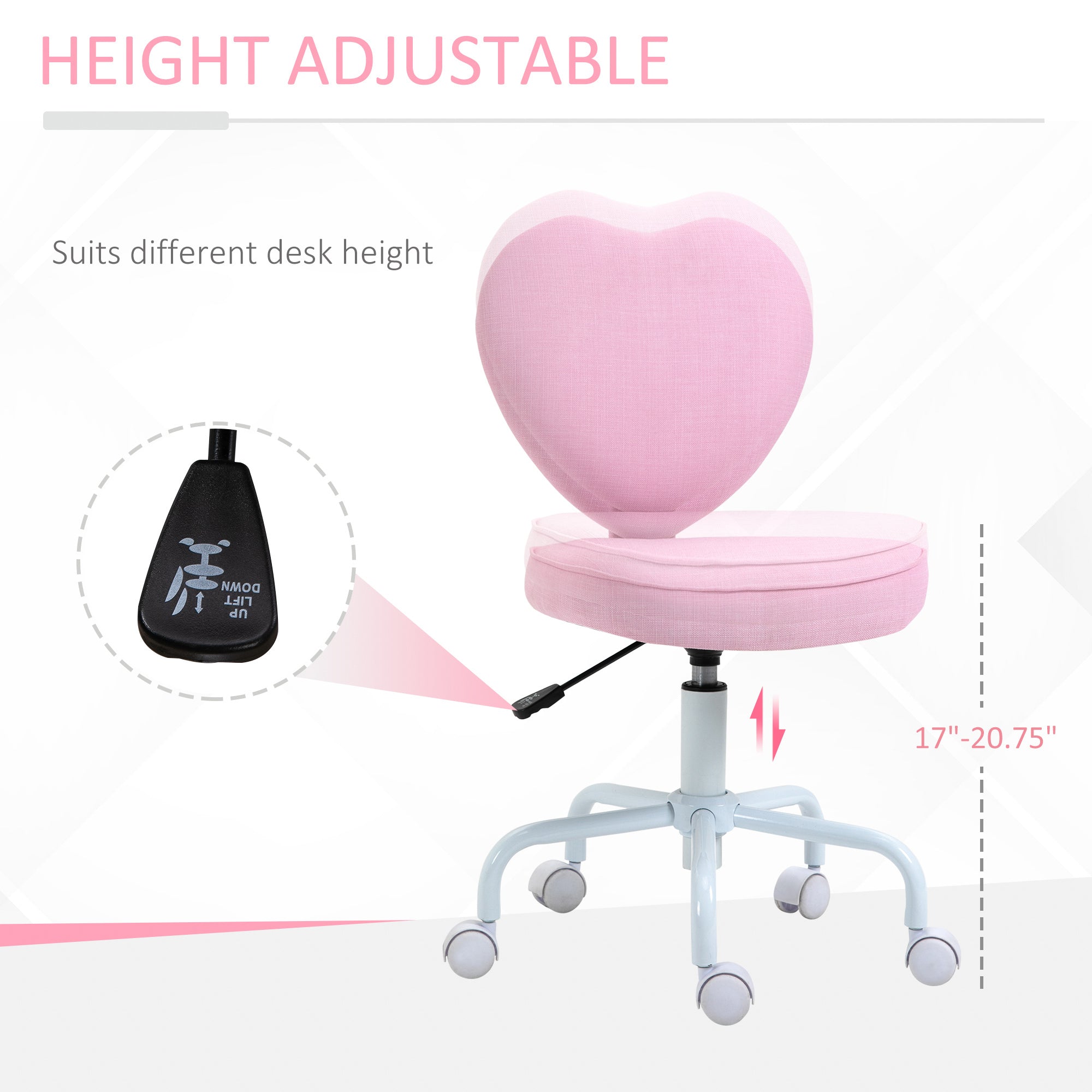 HOMCOM Heart Love Shaped Back Design Office Chair with Adjustable Height and 360 Swivel Castor Wheels, Pink - Grand Goldman