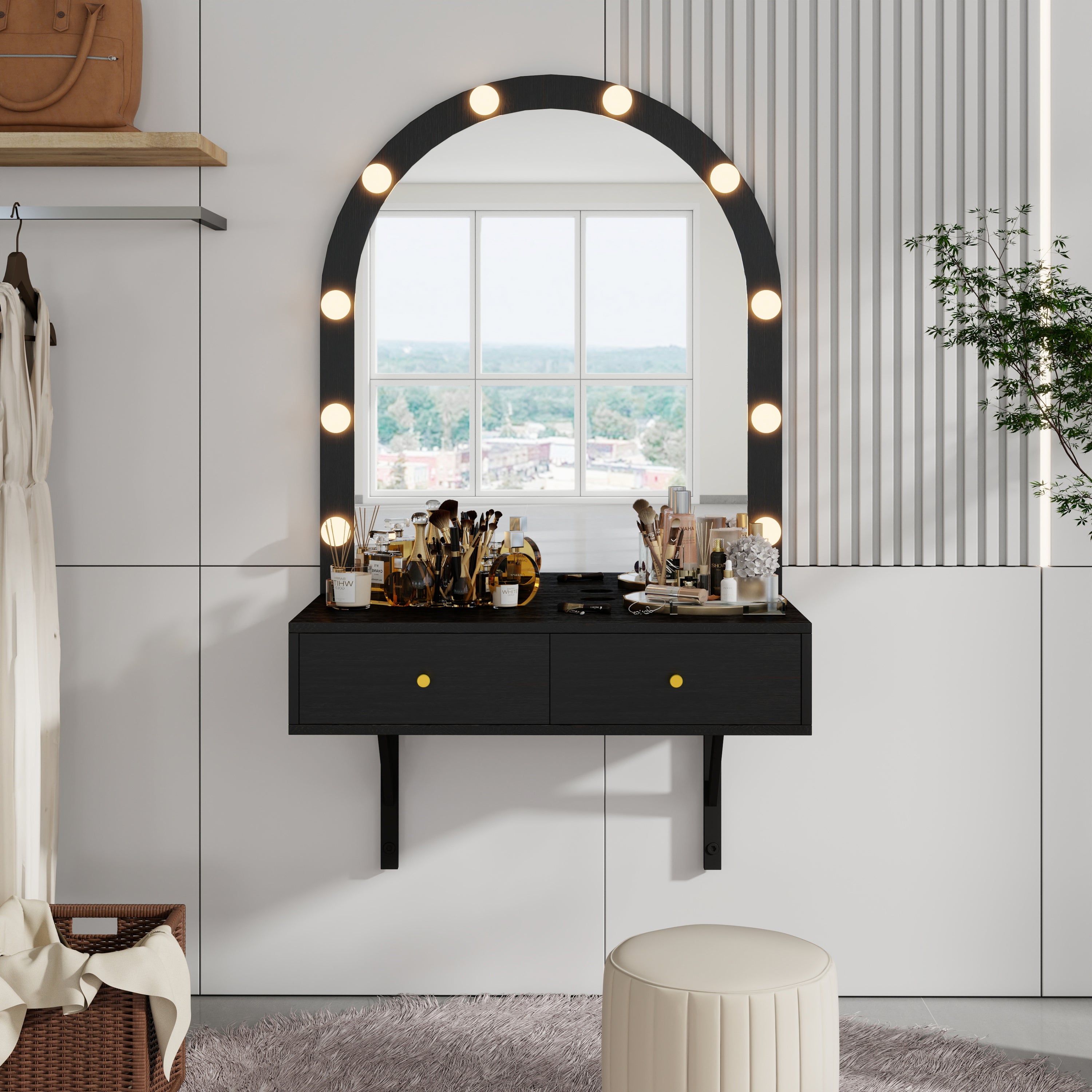 Floating Wall Mounted Makeup Vanity Desk with LED Mirror 3 Color Lights, Compact Dressing Table with Power Outlet & USB Charging, Space Saving Large Storage Vanity for Bedroom Bathroom, Black - Grand Goldman Shop