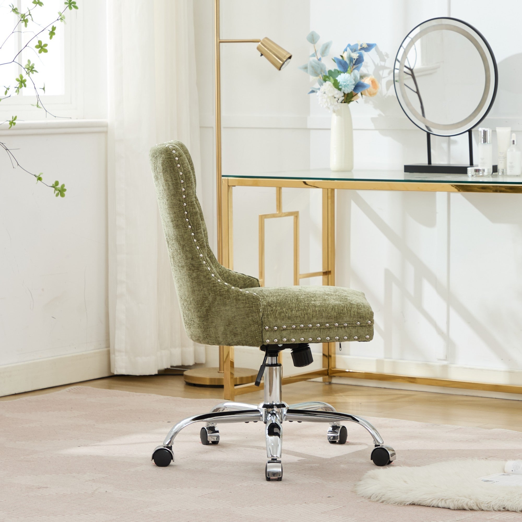 A&A Furniture Office Chair,Modern Chenille Upholstered Tufted Button Home Office Chair with Chrome Metal Base,Adjustable Desk