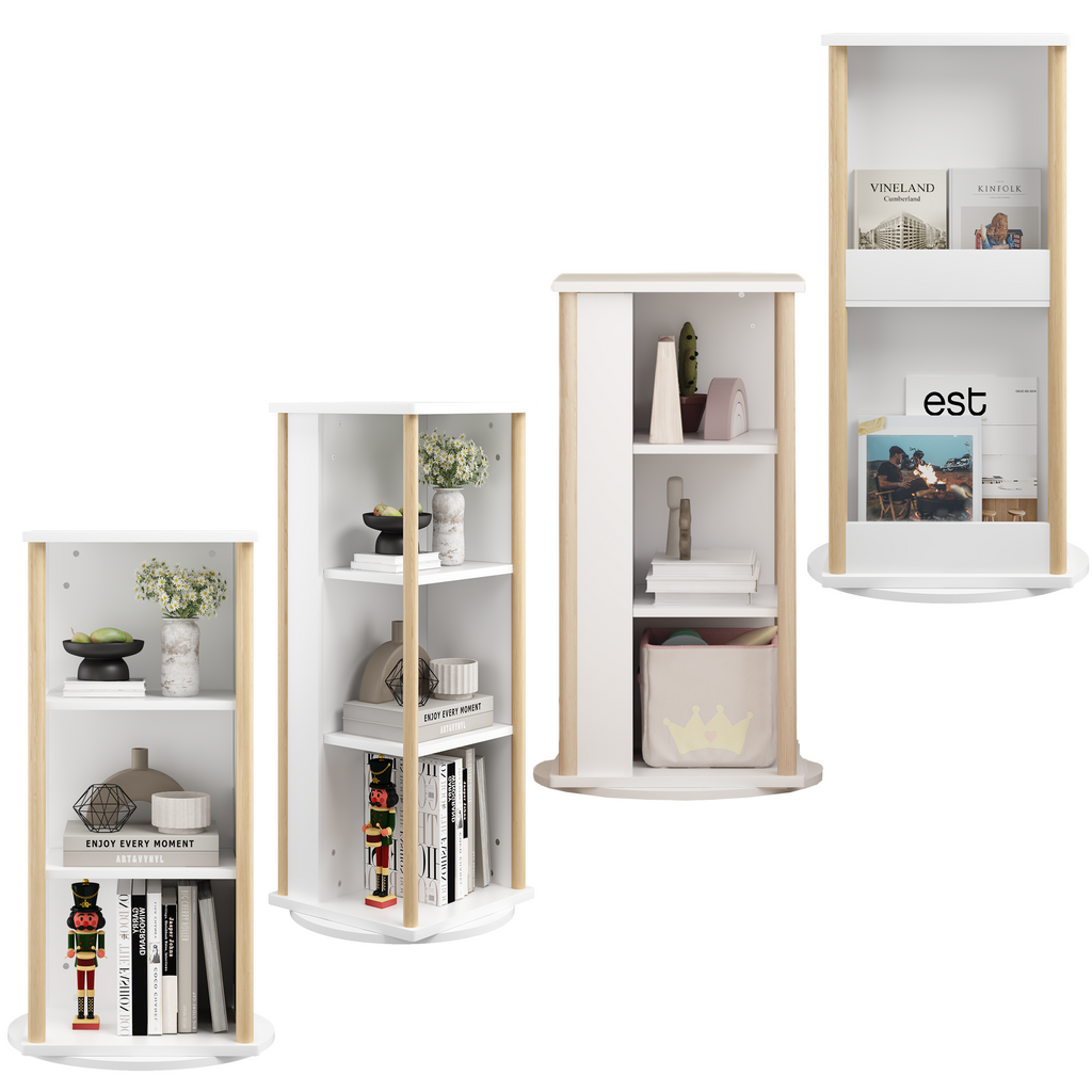 360° Rotating Kids Bookshelf with Chalkboard, 3-Tier Wood Floor Revolving Bookcase & Toy Storage Organizer, Picture Book Disp