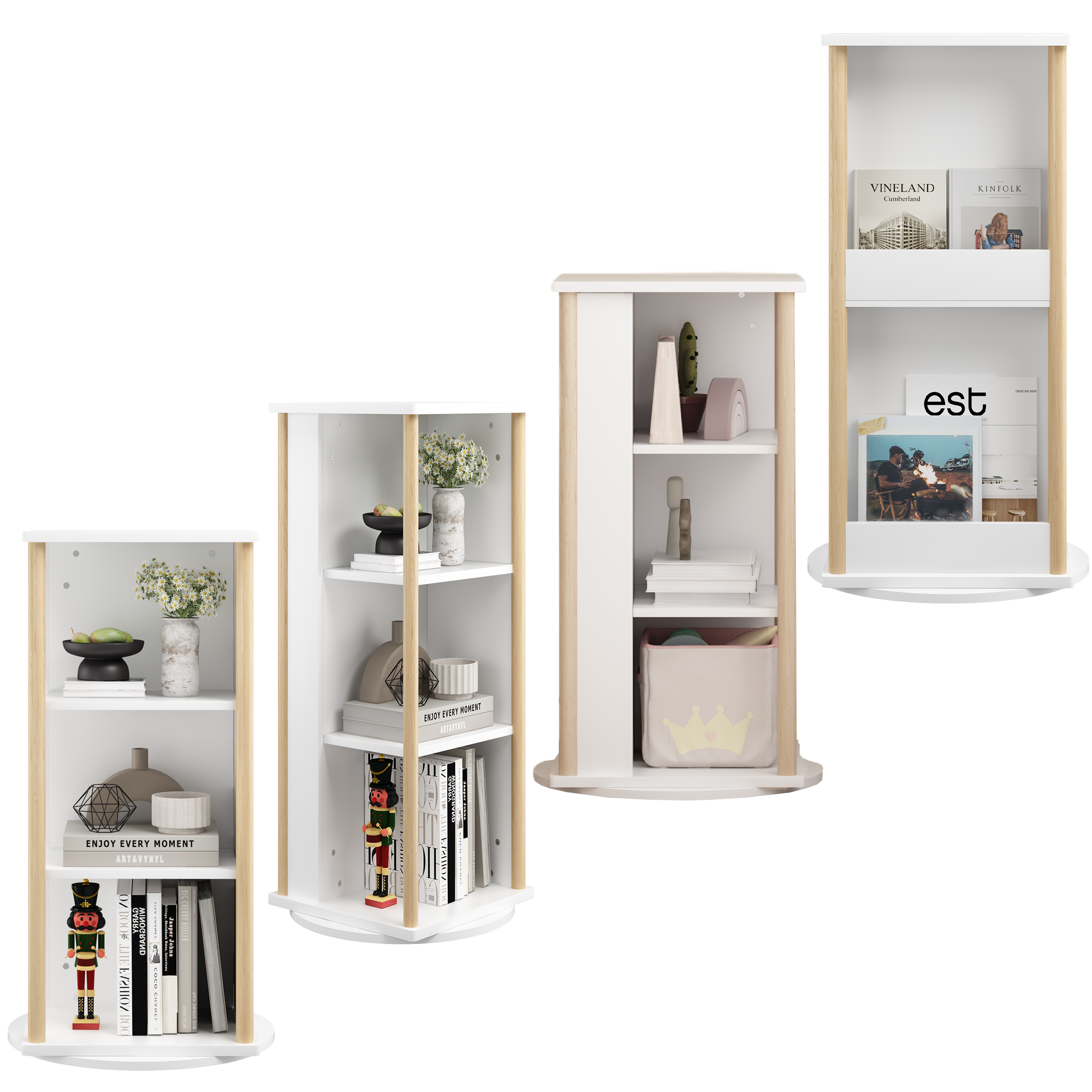 360° Rotating Kids Bookshelf with Chalkboard, 3-Tier Wood Floor Revolving Bookcase & Toy Storage Organizer, Picture Book Disp