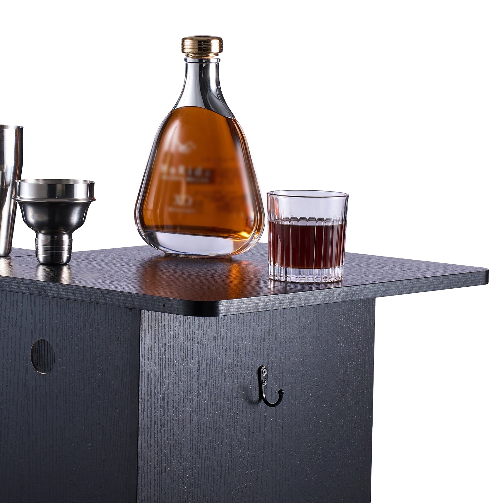 Home Bar Unit, Wine Bar Cabinet Table 4-Tier with Storage Drawer Shelves, Wine Glass Holder, Bottle Rack, LED Light, Wood & Metal Liquor Cabinet for Home, Basement, Kitchen, Living Room, Black - Grand Goldman Shop