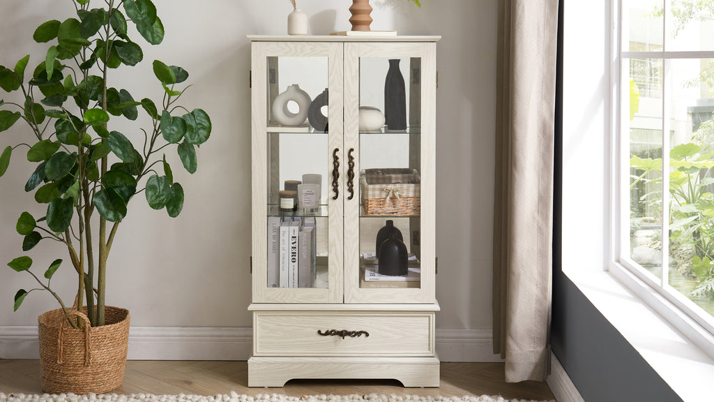 Glass Cabinet Lighted Glass Cabinet Curio Display Cabinet with Adjustable Glass Shelves 2 Doors and 1 drawer Cabinet Bulb Included White - Grand Goldman Shop