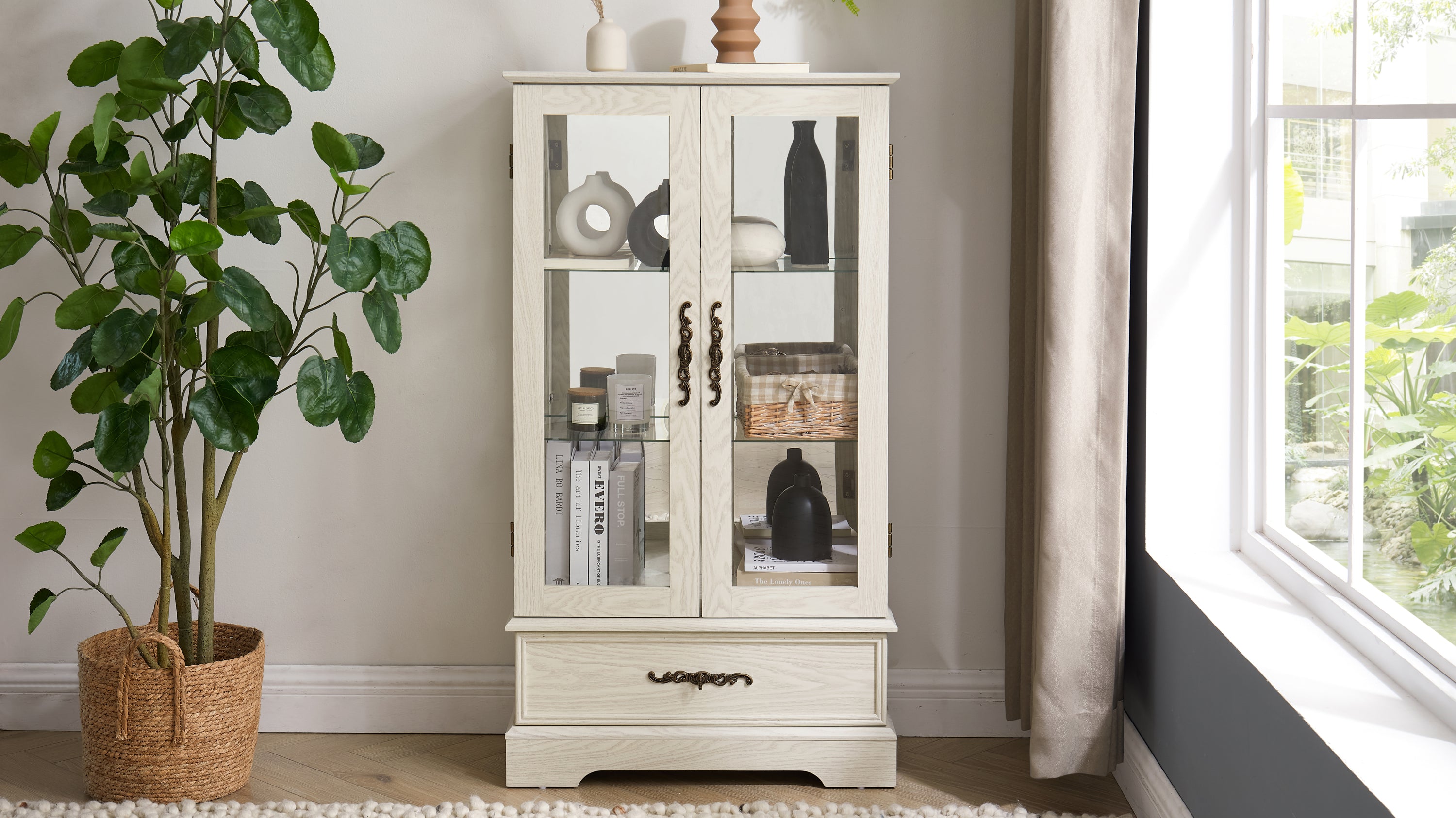 Glass Cabinet Lighted Glass Cabinet Curio Display Cabinet with Adjustable Glass Shelves 2 Doors and 1 drawer Cabinet Bulb Included White - Grand Goldman Shop