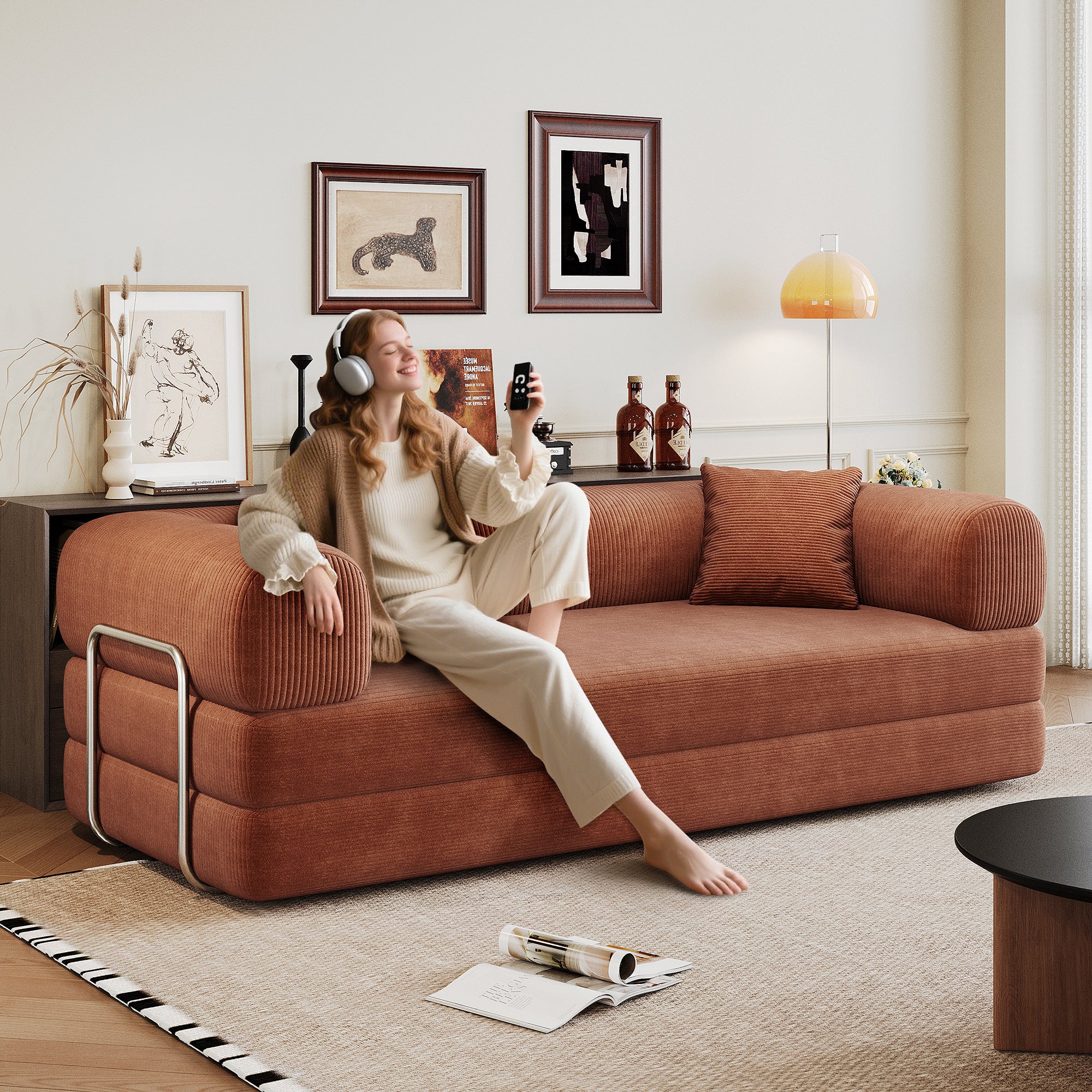 78.8' Compression Sofa,Convertible Floor Sofa Bed-with Pillow Back Support Armrest,Comfy Futon Couch Sleeper Bed,Loveseats Boneless Modular Sectional Sofa,Corduroy fabric,for Living Room,Bedroom,Brown - Grand Goldman Shop