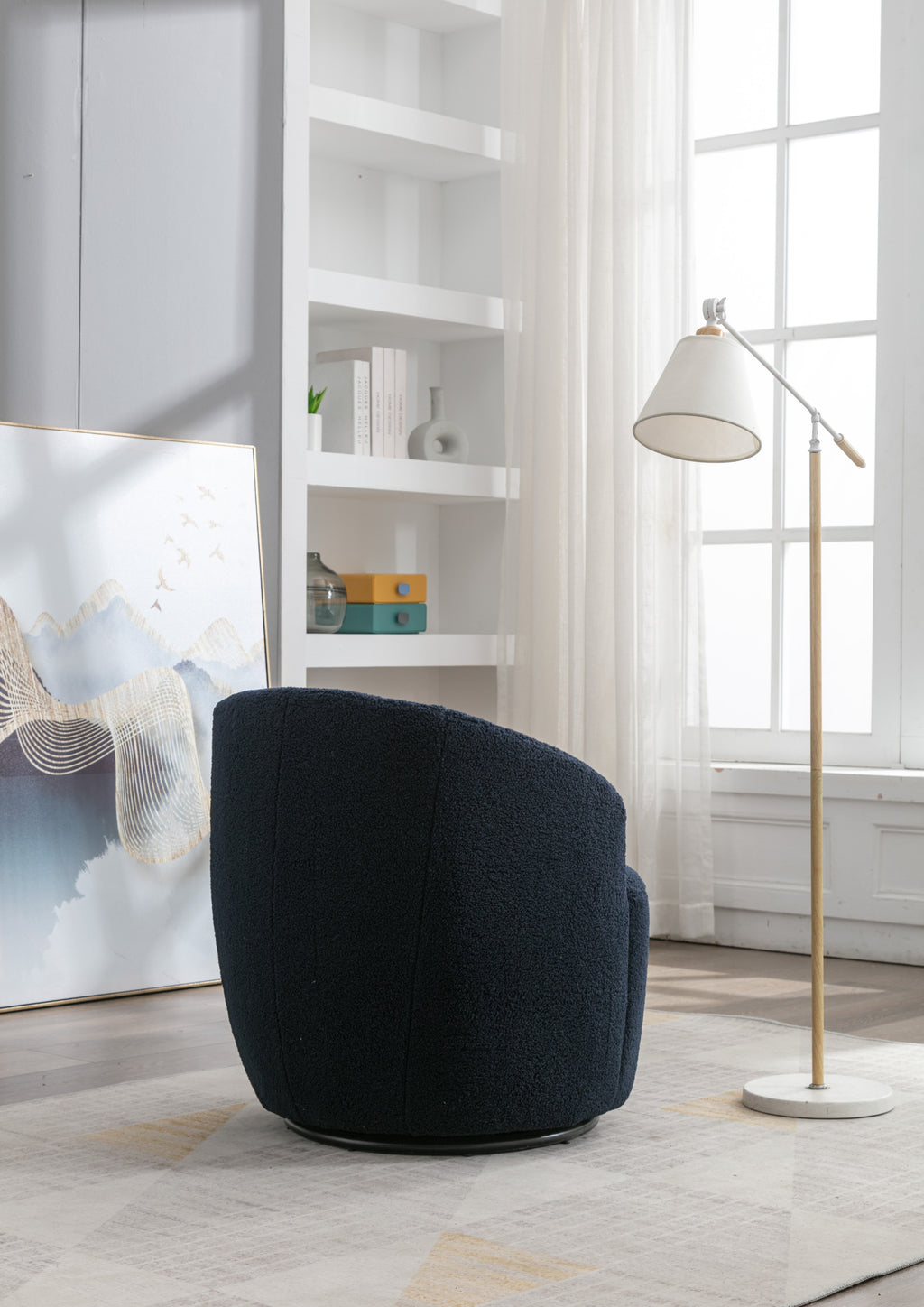 Teddy Fabric Swivel Accent Armchair Barrel Chair With Black Powder Coating Metal Ring,Dark Blue - Grand Goldman Shop