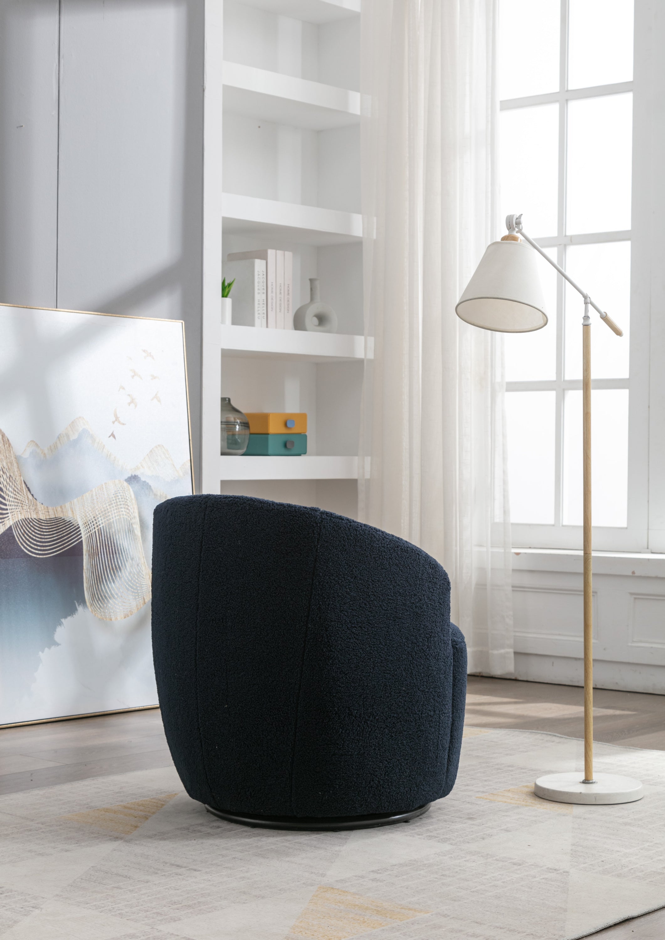 Teddy Fabric Swivel Accent Armchair Barrel Chair With Black Powder Coating Metal Ring,Dark Blue - Grand Goldman Shop
