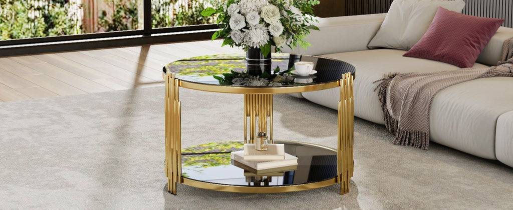 Modern Black Mirror Coffee Table, Asymmetrical Metal, Circular Metal Drum Base, Gold Finish & Lower Shelf - Grand Goldman Shop