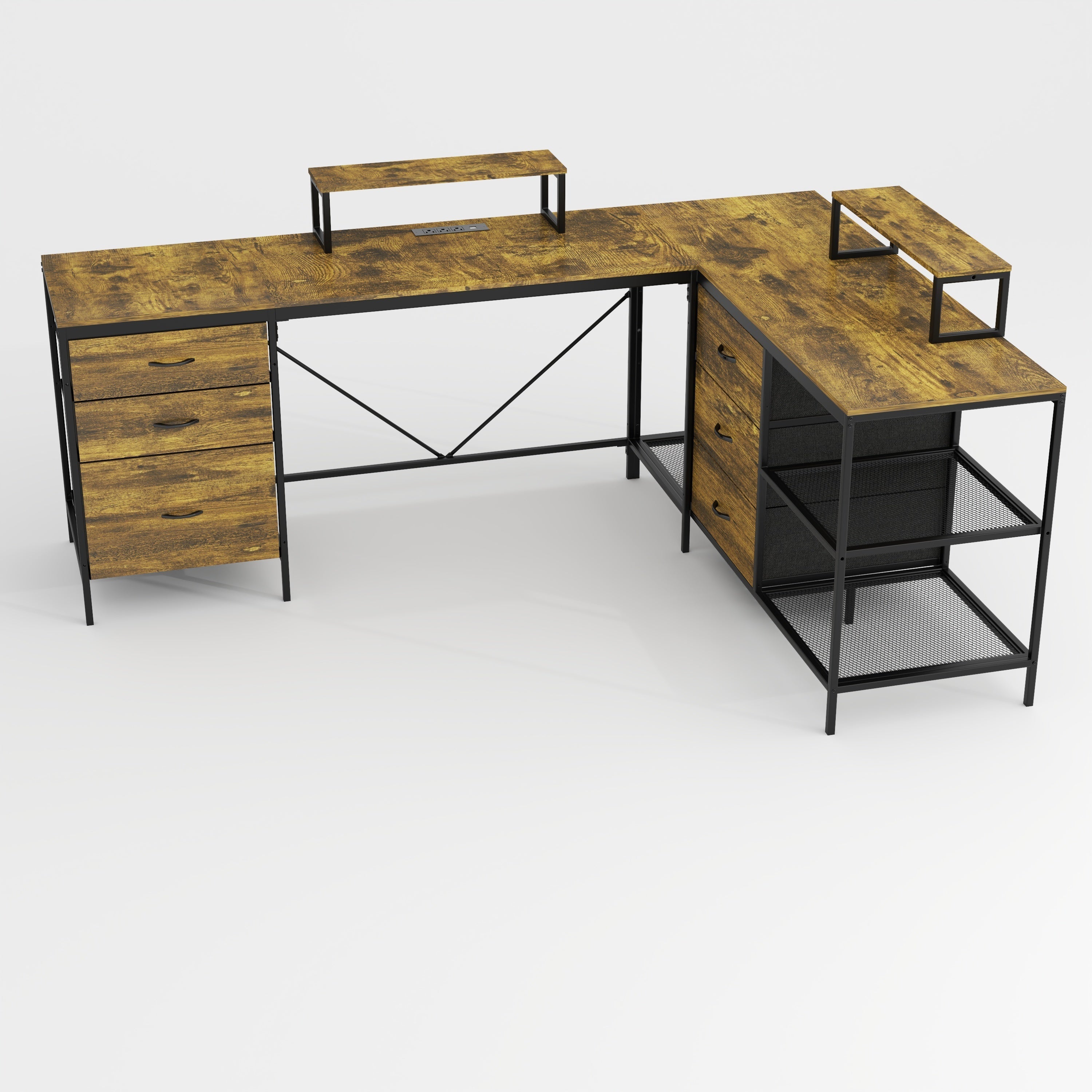 Industrial L-Shaped Computer Desk with Power Outlets & USB-C, Rustic Brown Metal Frame, 6 Fabric Drawers, 3 Open Shelves, Mov