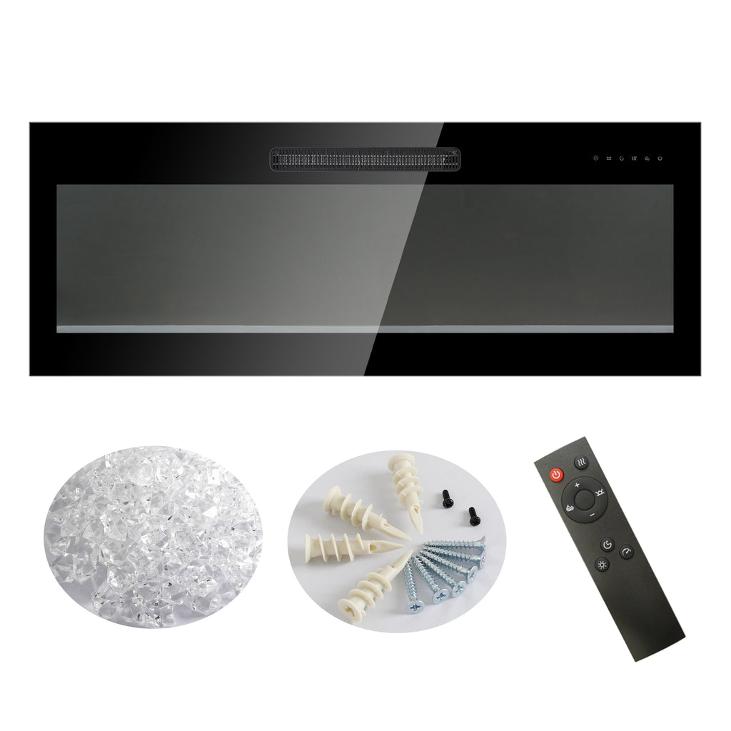 50 inch recessed ultra thin tempered glass front wall mounted electric fireplace with remote and multi color flame & emberbed, LED light heater - Grand Goldman Shop