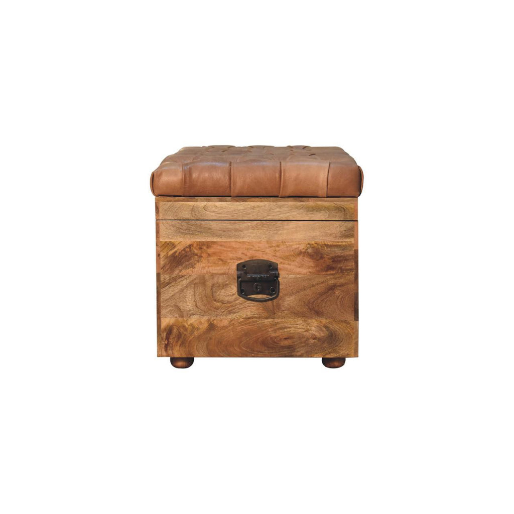 Solid Wood Buffalo Hide Oak-ish Storage Trunk, Leather Upholstered, Brown and Tan - Grand Goldman Shop