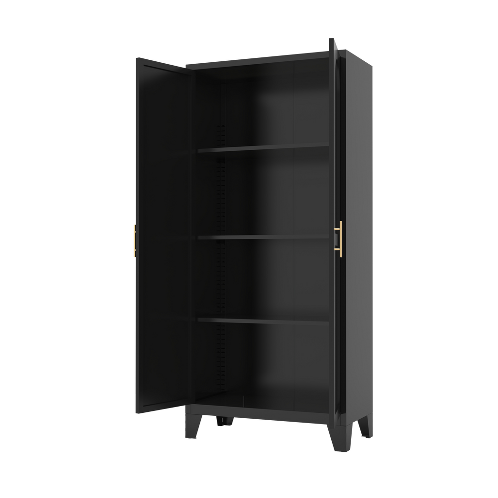 71'' 2 Shapely Doors Cabinet, Metal Storage Cabinet with Doors and Adjustable Shelves, for Bedroom, Living Room, Kitchen (Black) - Grand Goldman Shop