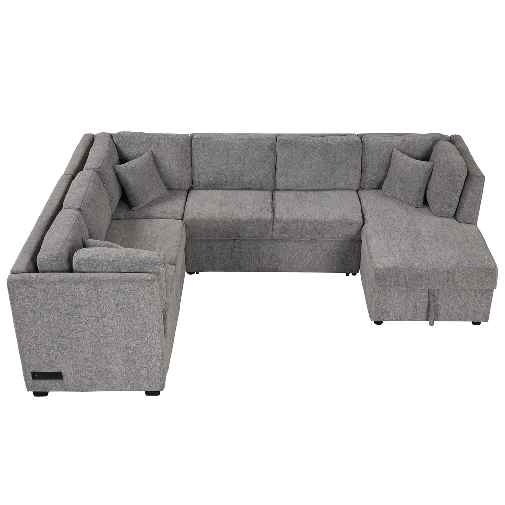 U-shaped Sectional Sofa Pull out Sofa Bed with USB Ports, Power Sockets, Storage Chaise, Light Gray Chenille, 108.6' - Grand Goldman Shop