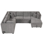 U-shaped Sectional Sofa Pull out Sofa Bed with USB Ports, Power Sockets, Storage Chaise, Light Gray Chenille, 108.6' - Grand Goldman Shop