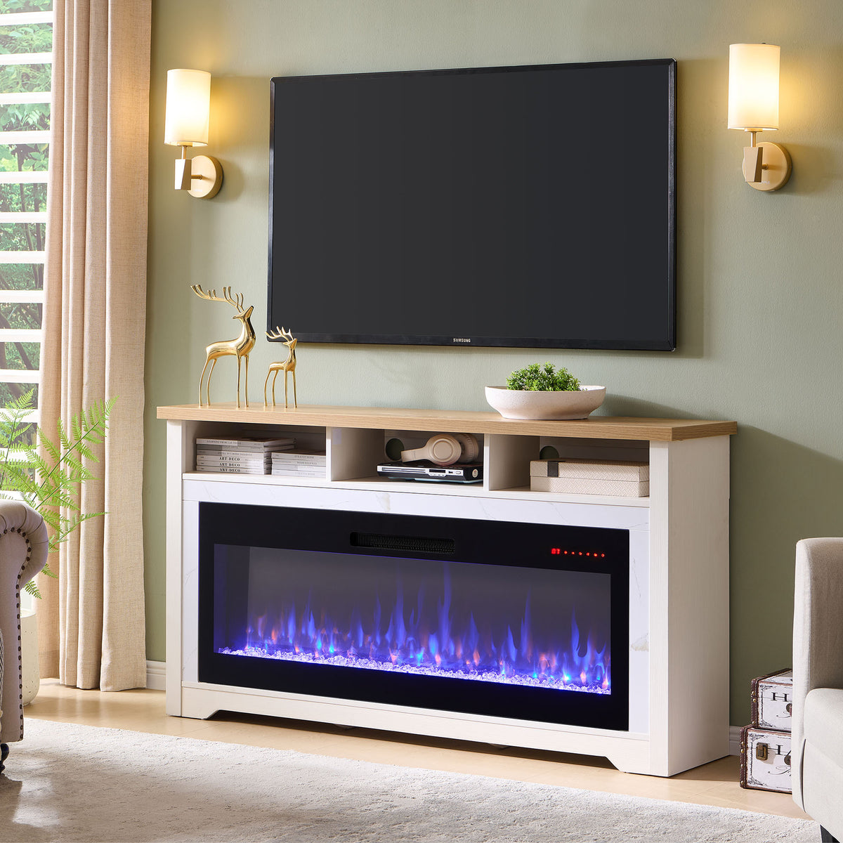 70 inch Fireplace TV Stand for TVs up to 70',with 60'smart Electric Fireplace,white - Grand Goldman Shop