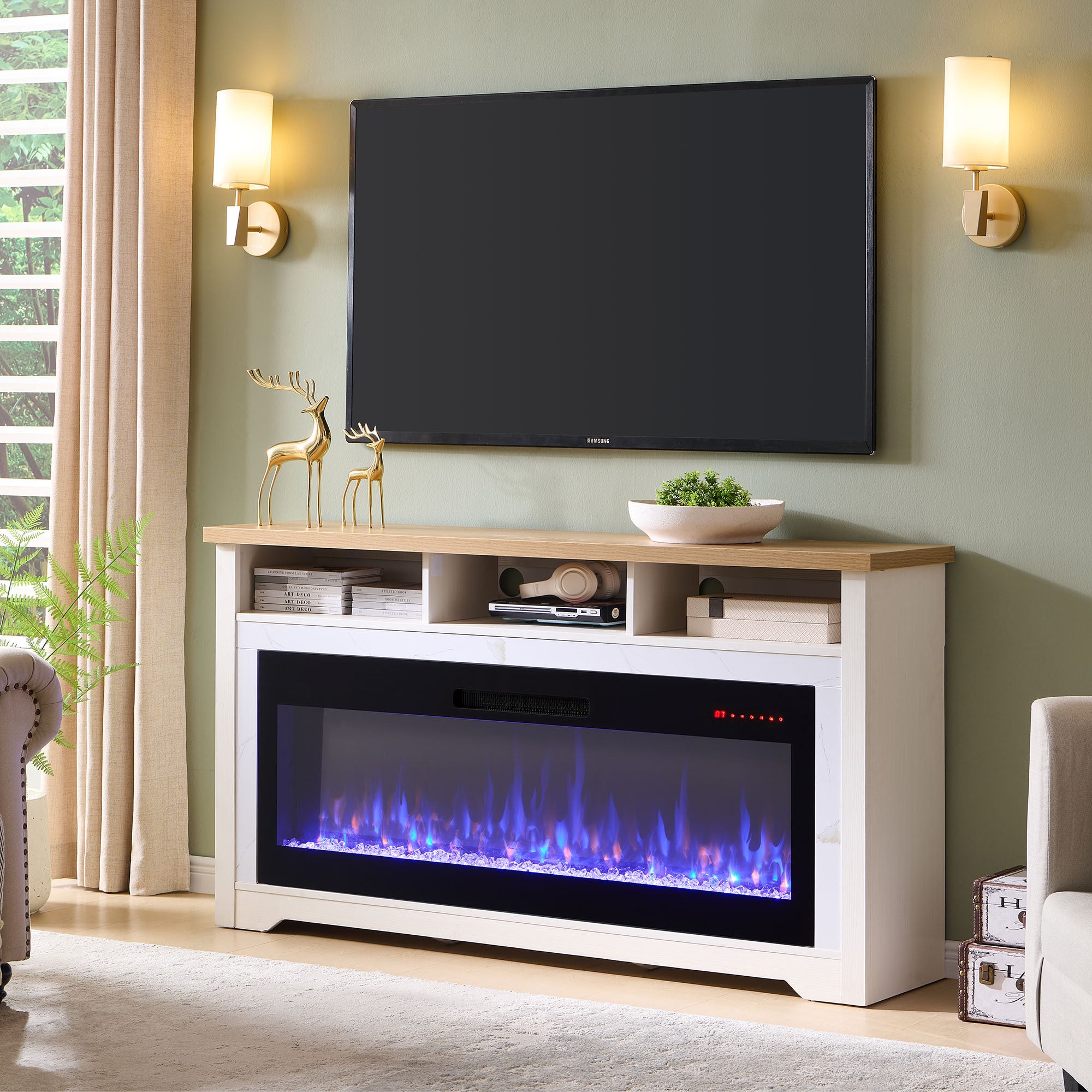 70 inch Fireplace TV Stand for TVs up to 70',with 60'smart Electric Fireplace,white - Grand Goldman Shop