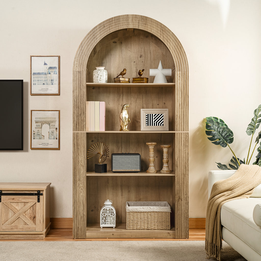 78.74' Tall Arched Bookcase,  Mid Century Modern 4-Tier Arched Storage Bookcase with Open Display Storage Shelf for Dining Room, Living Room,Bedroom (Natural) - Grand Goldman Shop
