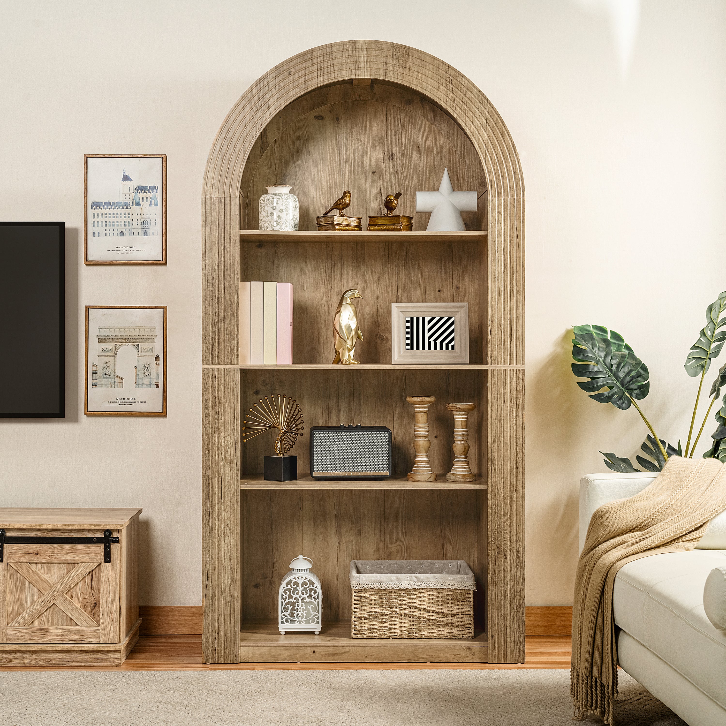 78.74' Tall Arched Bookcase,  Mid Century Modern 4-Tier Arched Storage Bookcase with Open Display Storage Shelf for Dining Room, Living Room,Bedroom (Natural) - Grand Goldman Shop