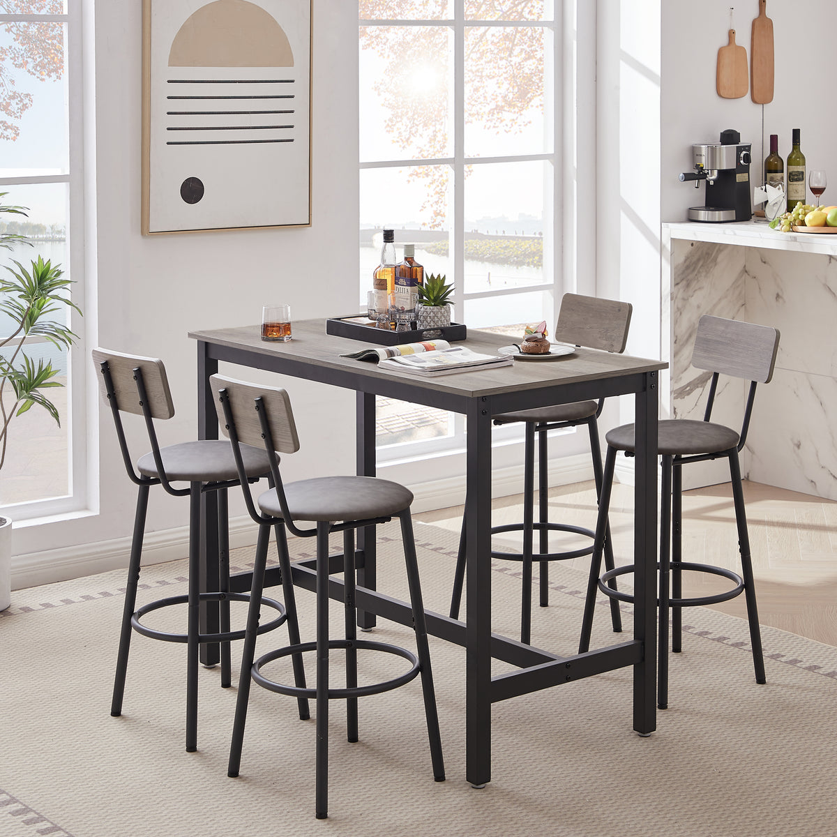 Bar Table Set with 4 Bar stools PU Soft seat with backrest, Grey, 47.24'' L x 23.62'' W x 35.43'' H - Grand Goldman Shop
